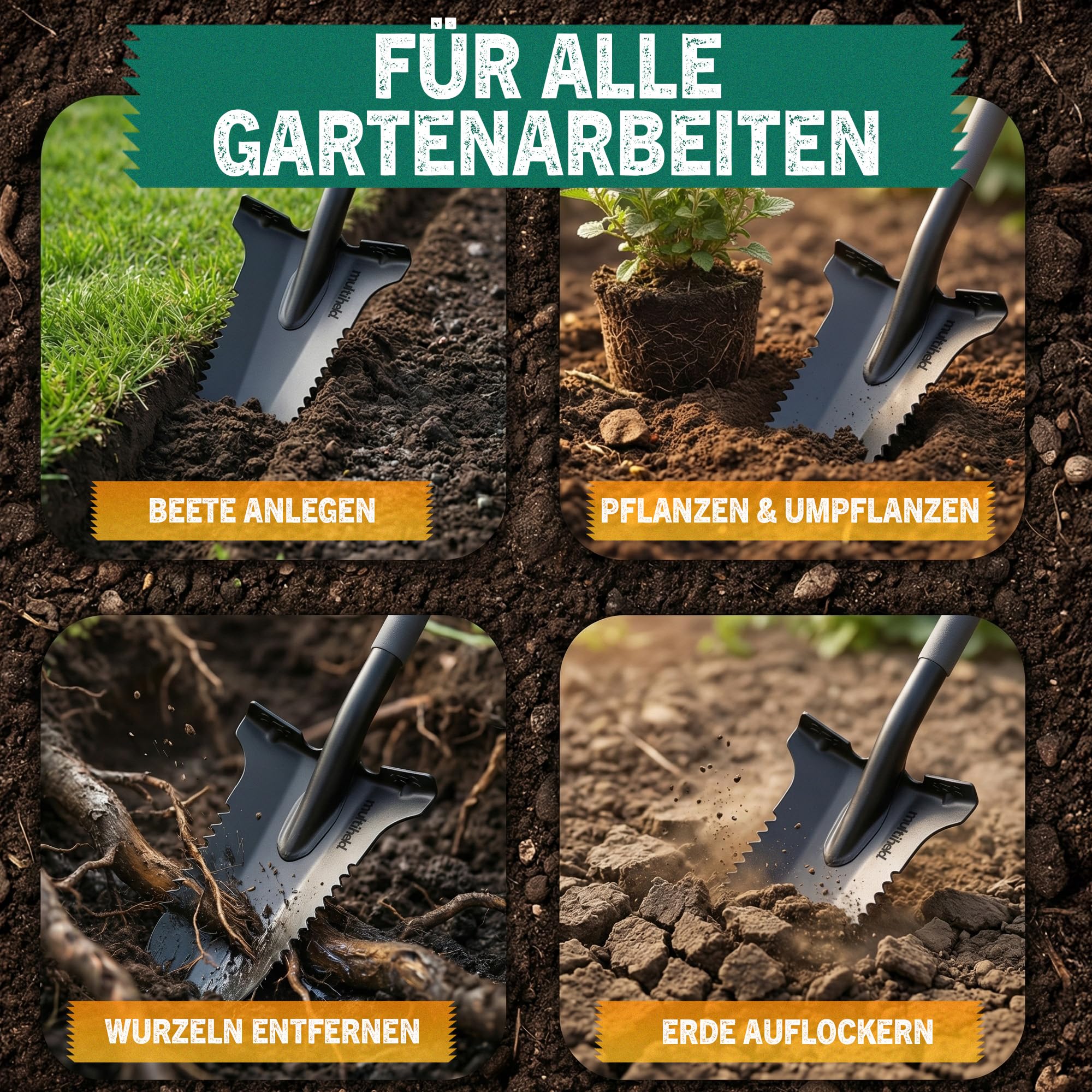 Spaten Garten Wurzelspaten mit Wurzelsäge 120 cm – Gartenspaten für Harte Böden, 1050Mn Stahl, ergonomischer Softtouch-Griff, extra breite Trittkante, Robustes Gartenwerkzeug (grau)
