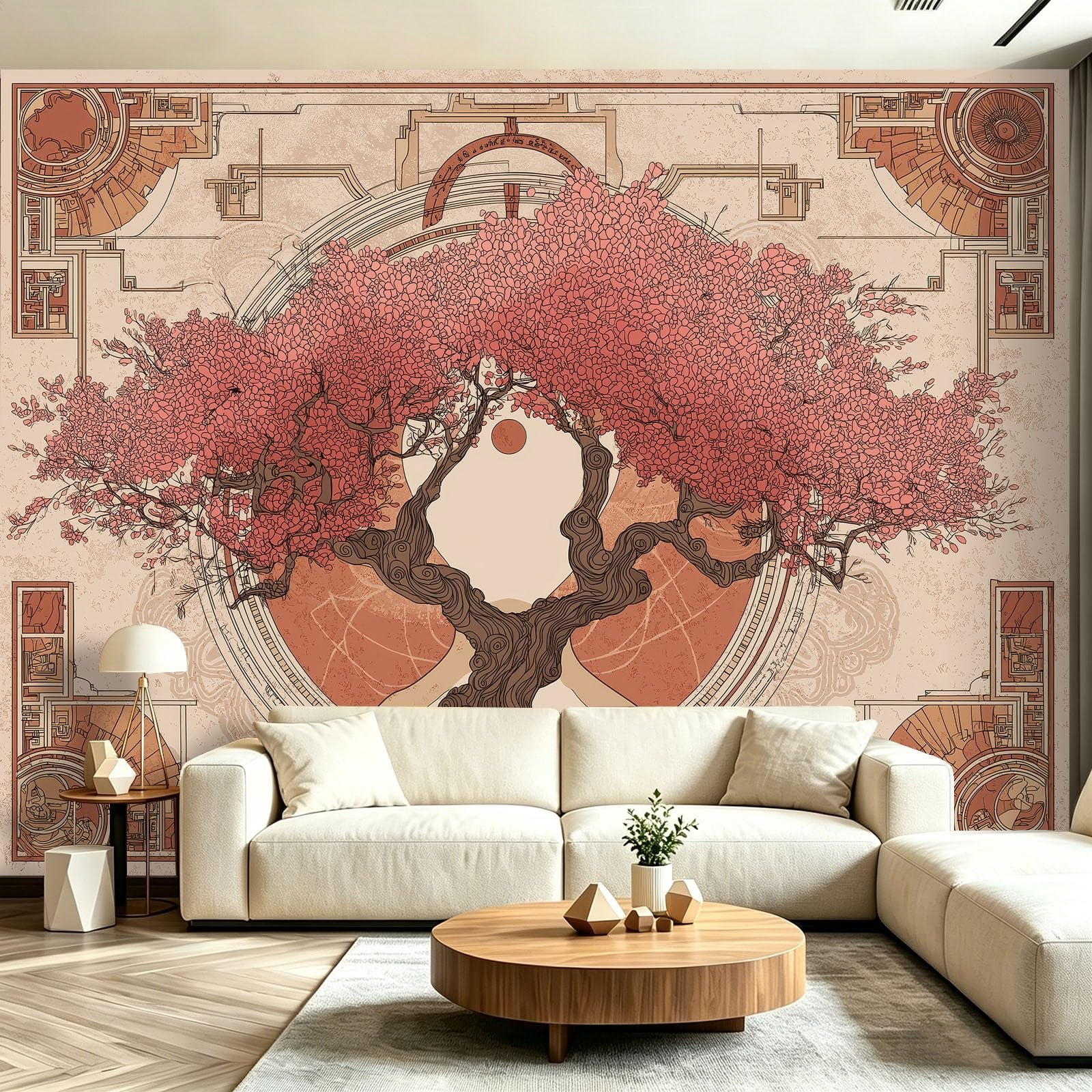 Fototapeta 400 x 280 cm ściany dekoracja salonu dorośli retro orientalne drzewo botaniczne do sypialni salonu tapeta z włókniny, kolor różowy