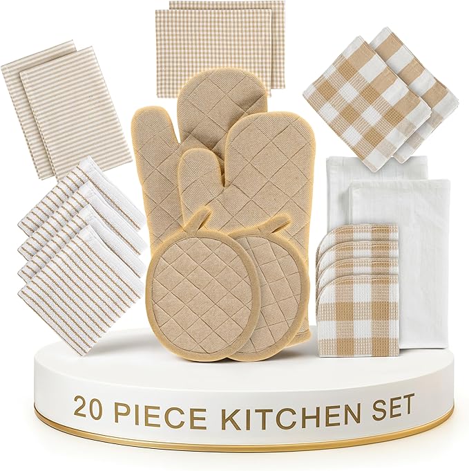 LANE LINEN 20 Piece Kitchen Dish Cloths Set - 100% Cotton Dish Towels, Heat Resistant Kitchen Mittens and Pot Holder Set, Reusable Dish Rags for Washing Dishes, Absorbent Dish Towels- Beige