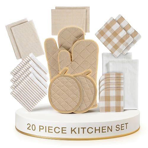 LANE LINEN 20 Piece Kitchen Dish Cloths Set - 100% Cotton Dish Towels, Heat Resistant Kitchen Mittens and Pot Holder Set, Reusable Dish Rags for Washing Dishes, Absorbent Dish Towels- Beige