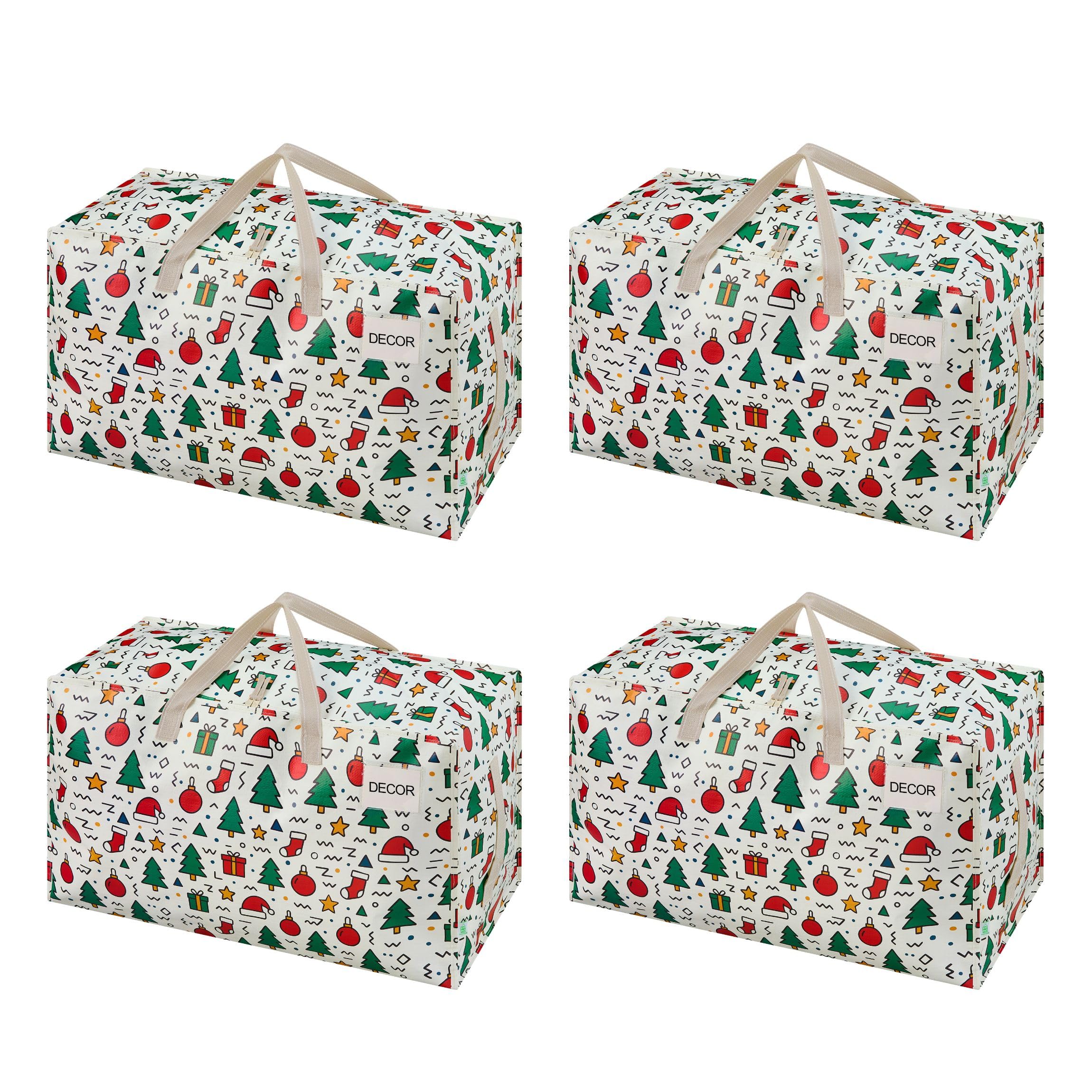 VENO 4 Pack Moving Bags and Large Christmas Decoration Storage Bins with lids. Alternative to Moving Boxes, Packing Supplies for College. Heavy Duty Totes (Jingle Mix, 4 Pack)