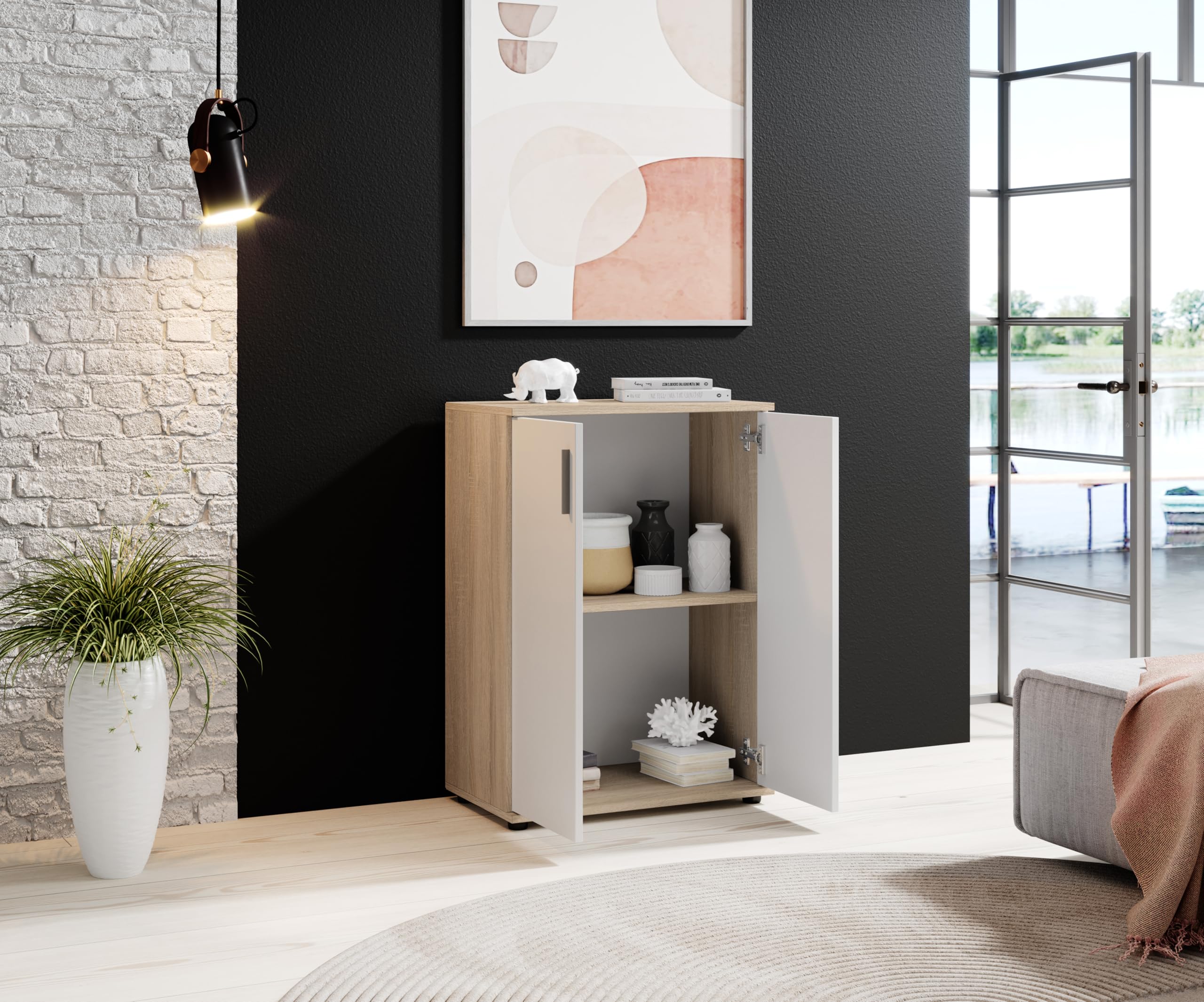 Mobile Multiuso Rovere Bianco 2 Ante con Ripiano 60x35x84 cm | Armadietto in legno, 2 ante, ripiano interno, struttura compatta salvaspazio, per sala corridoio ingresso