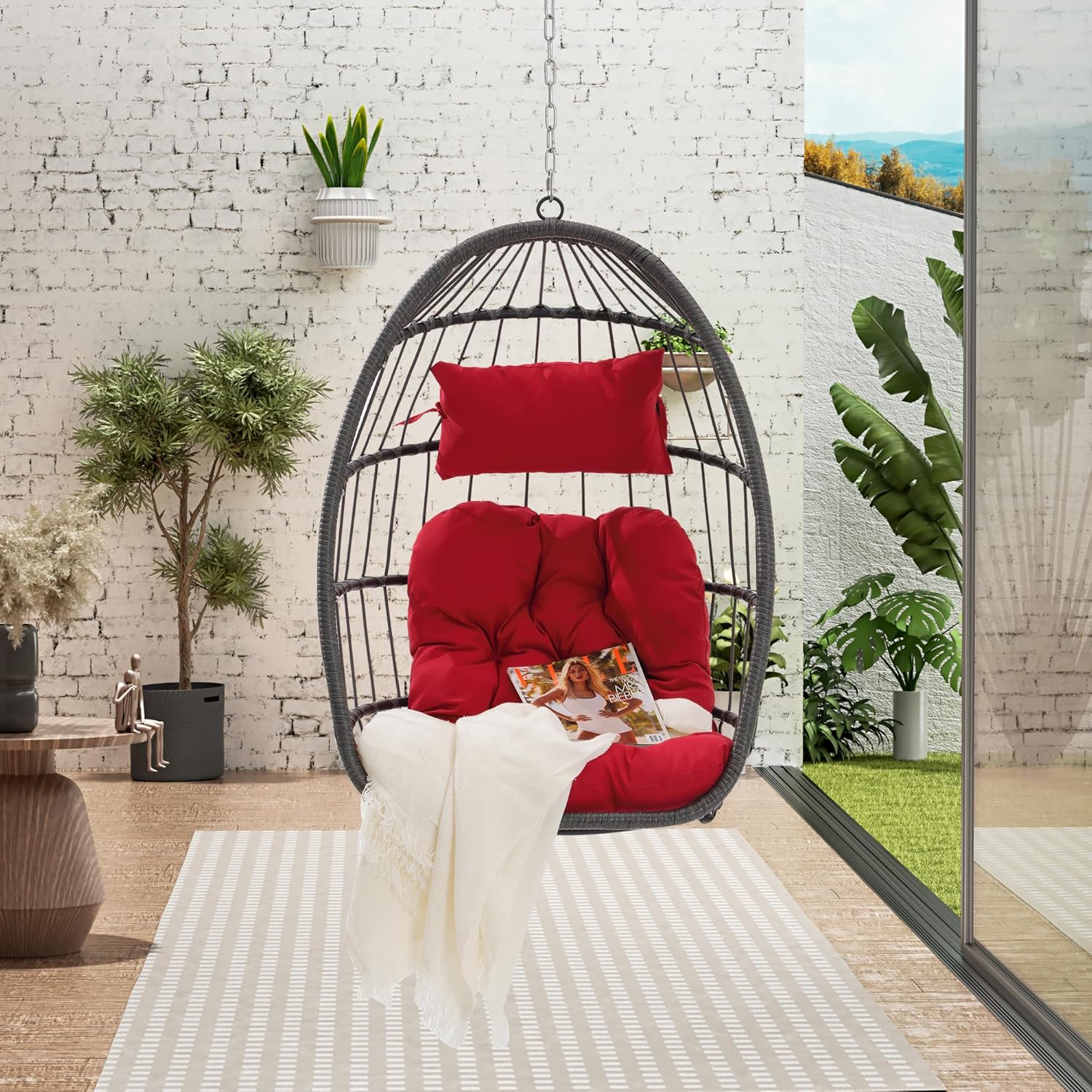 KEIKI Hanging Egg Chair, Outdoor Patio Swing Basket Egg Chair with Cushion, 360LBS Load Rattan Wicker Hammock Chair for Balcony, Garden, Living Room, Red