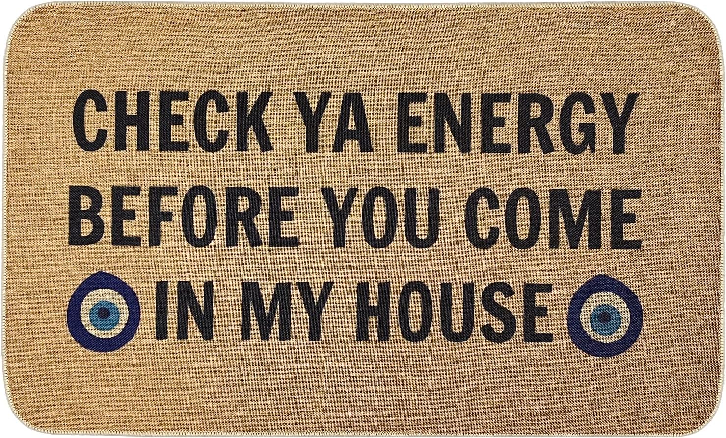 AZJOYLIFEFunny Door Mats Indoor Entrance Welcome Mats Outdoor Rugs for Entryway, Boho Doormat Non Slip Rubber Mat Resist Dirt Low Profile for Home Porch Patio Garage (Check Your Energy, 24x36 inch)