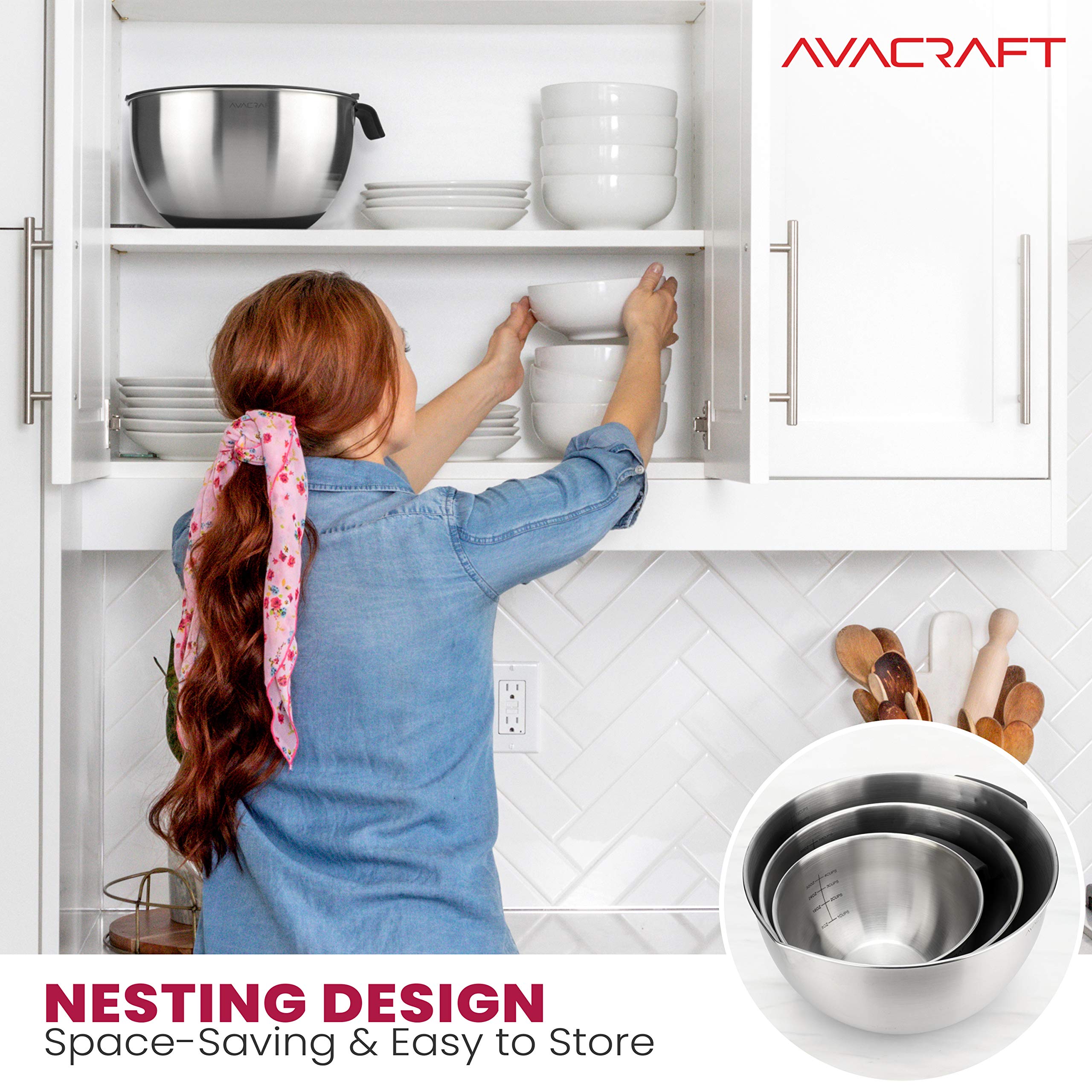 AVACRAFT Modern High Quality 18/10 Stainless Steel Mixing Bowl Set with Lids, Soft Handle & Spout by AVACRAFT