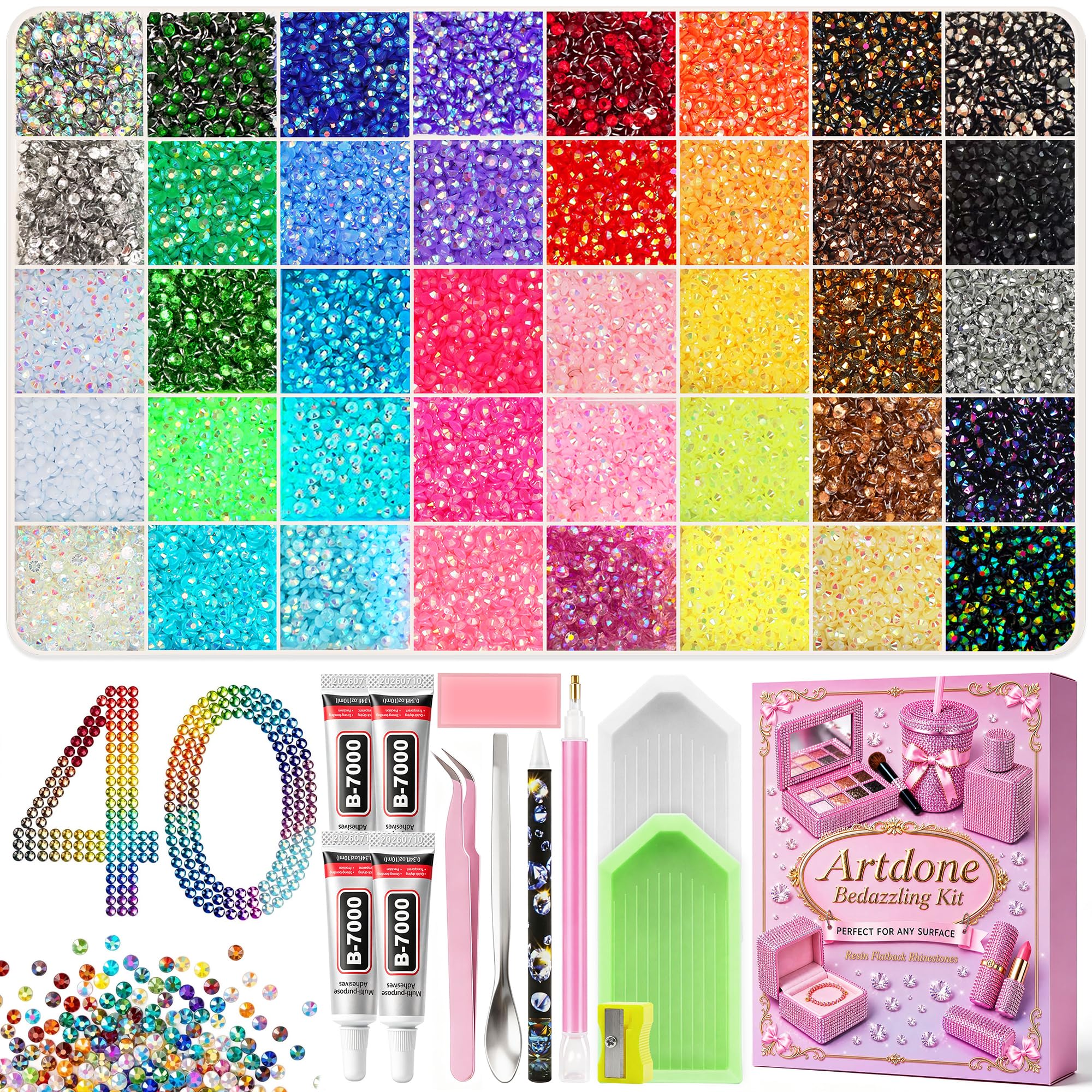 Artdone 60000Pcs Resin Rhinestones 3mm Jelly AB 40Colors Bedazzling Kit