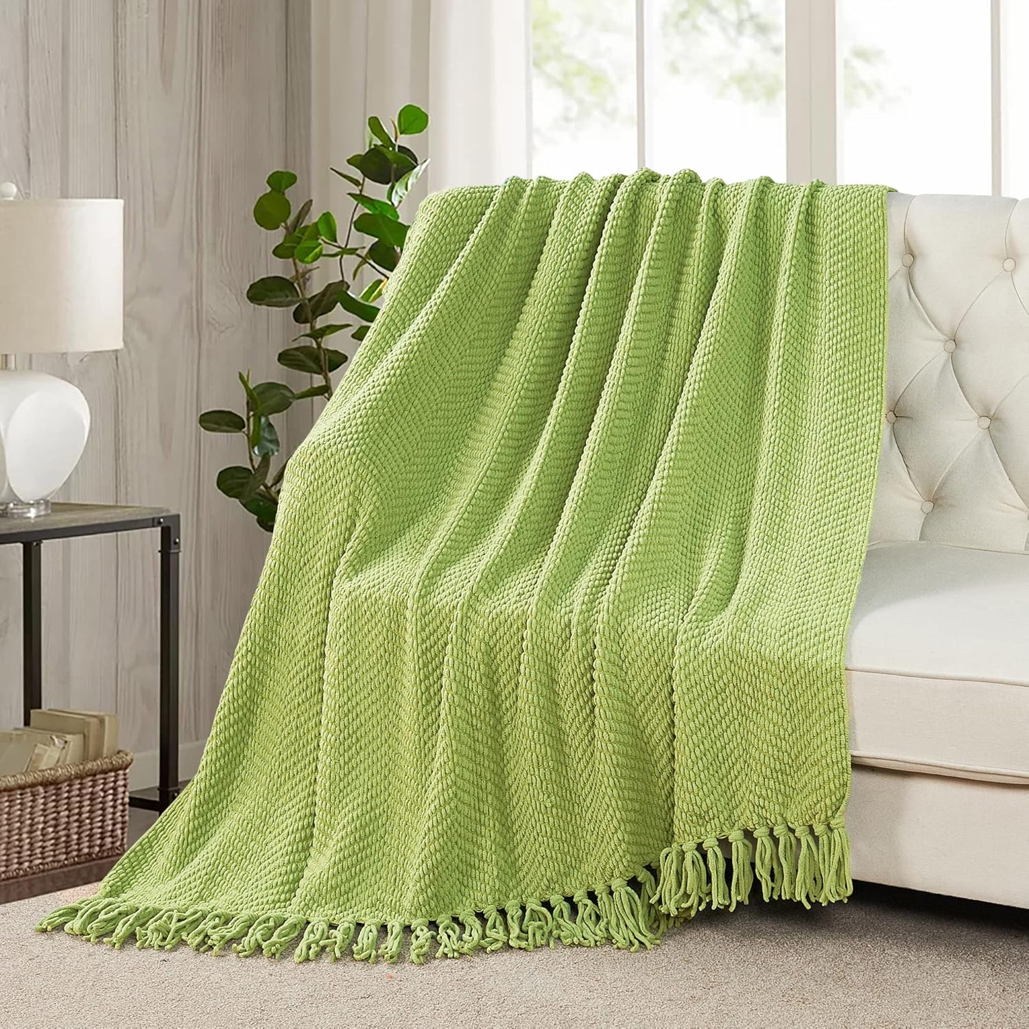Throw Blanket for Couch Soft Knitted Textured Couch Cover Tweed Blanket with Fringe Tassel for Home Décor Bed Sofa Chair, 50" x 60", Lime Green