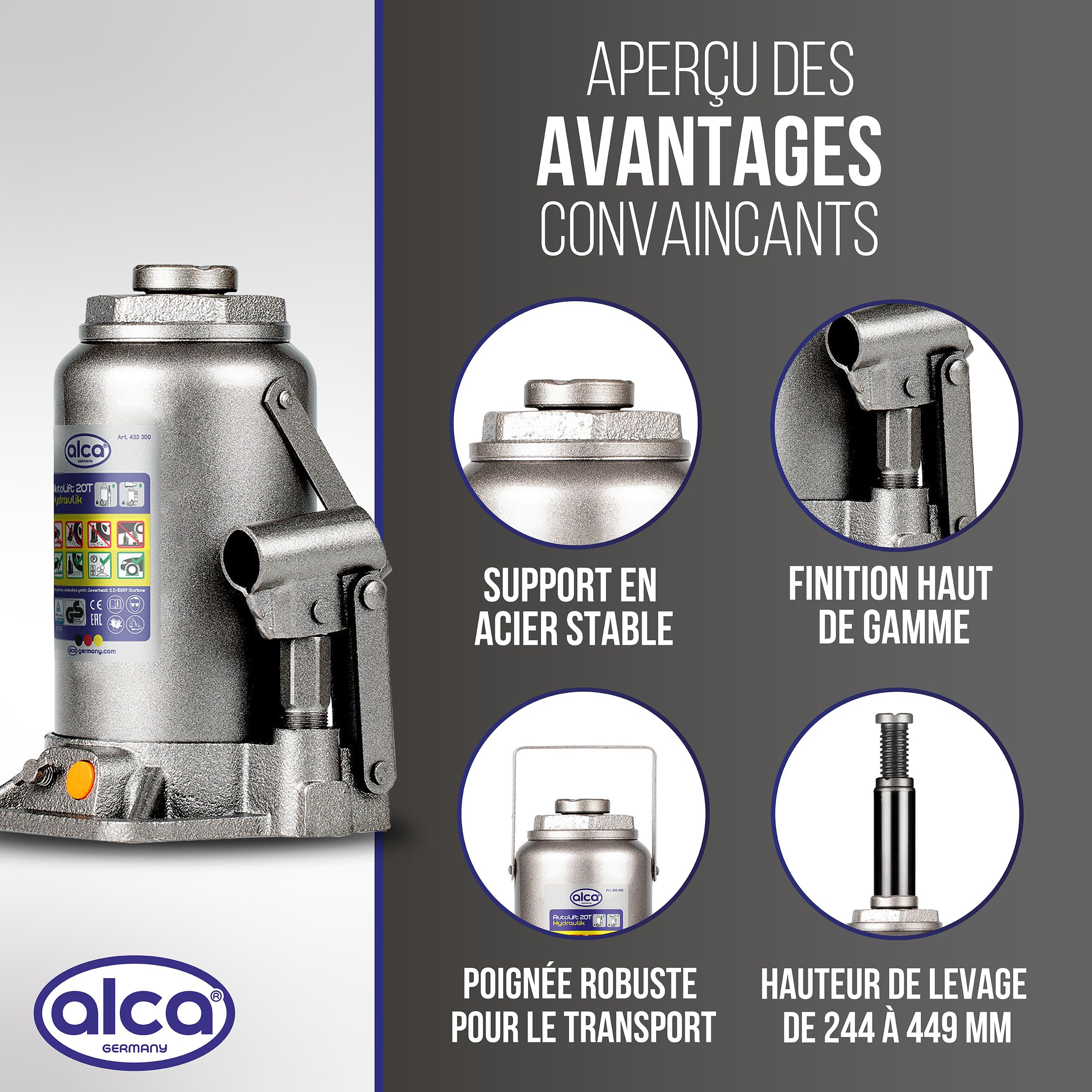 Cric hydraulique t I Cric à Piston & cric sous châssis en Acier I pour Auto, Moto, Voiture & Atelier I Hauteur de Levage 244-449 mm I Certifié TÜV & GS-approuvé