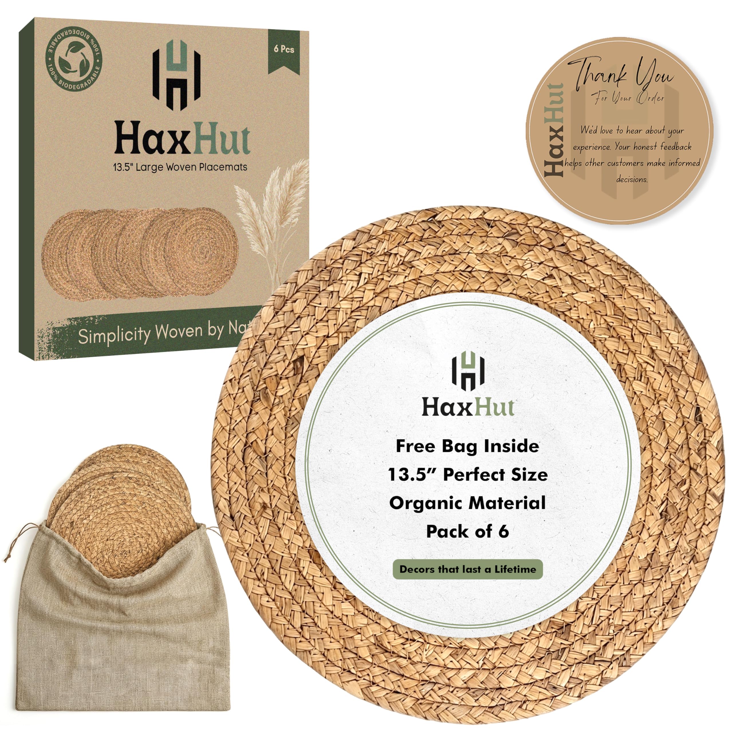 Haxhut 6 Pack 13.5" Woven Placemats, Natural Hand-Woven Water Hyacinth Placemats, Round Braided Rattan Tablemats for Dining Table, Large Weave Round Place Mats Heat Resistant Non-Slip Table Mat