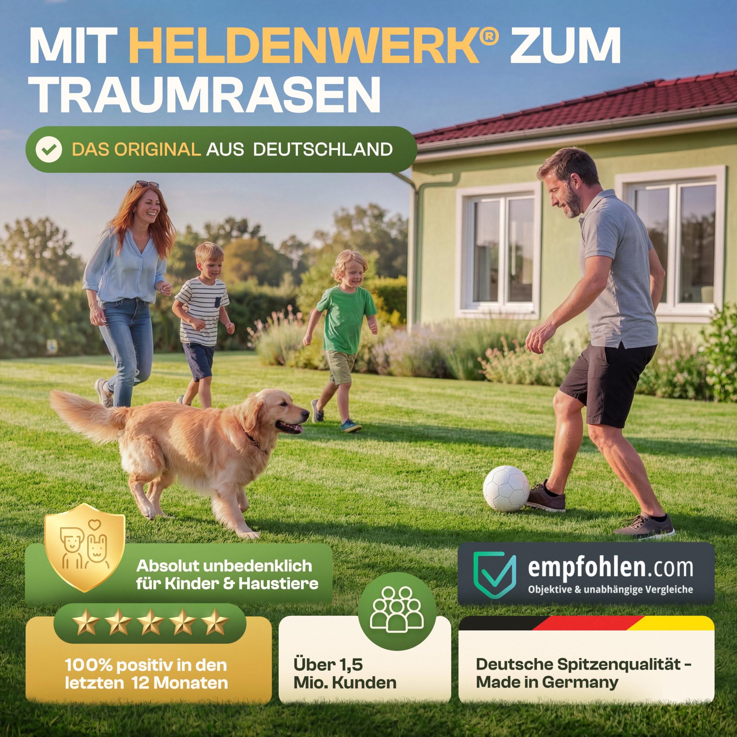 HELDENWERK® Nasiona trawnika, szybko kiełkujące, 0,5 kg/20 m², 100% kiełkowania, na niemiecką pogodę, nasiona trawy do dodatkowego siewu i nowego siewu, do uprawiania sportu i zabawy