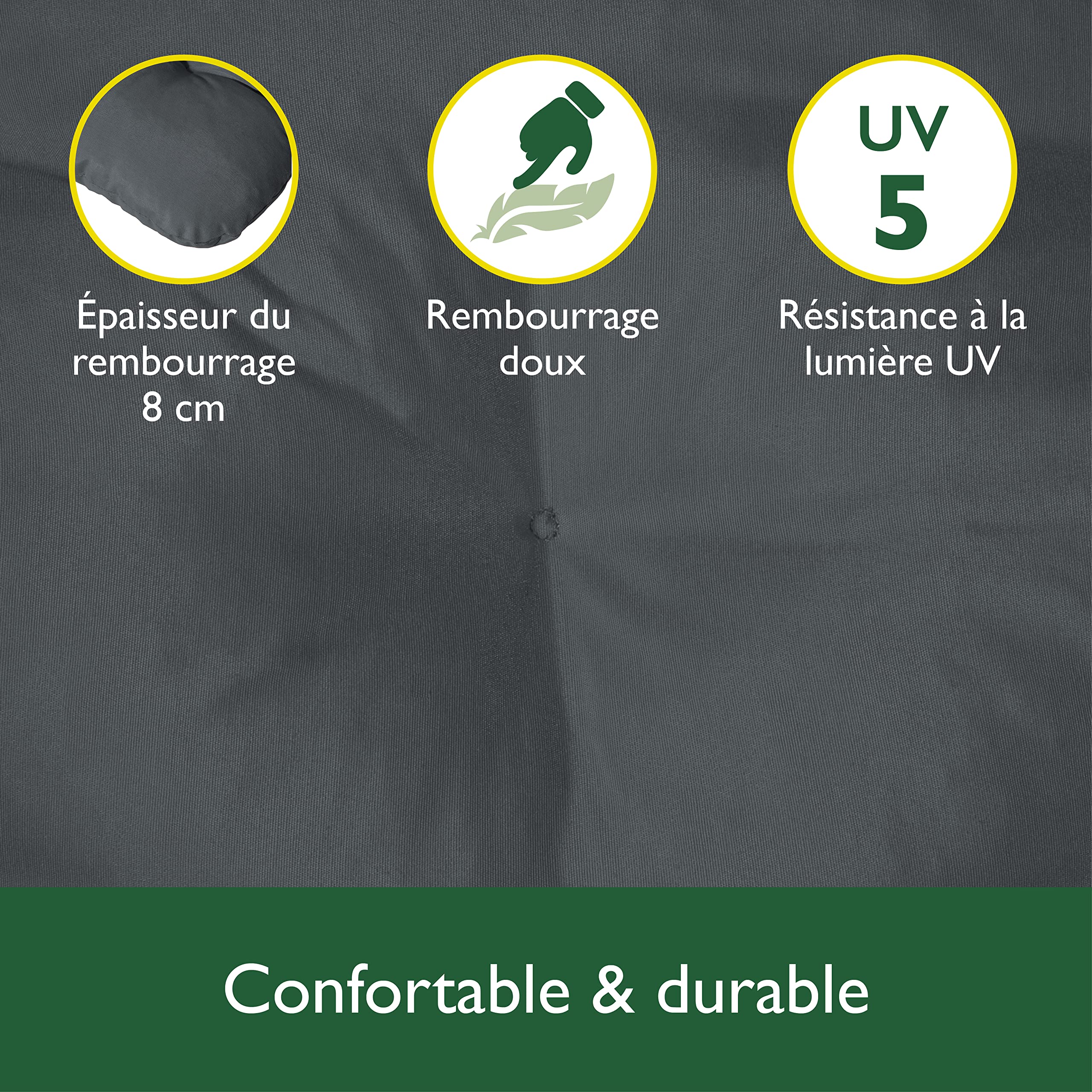 Beautissu Coussin pour Balancelle 180x50x8 cm Flair HS – Coussin de Jardin avec 2 Oreillers – Matelas pour Banc de Jardin, Rembourrage Flocons de Mousse - Anthracite