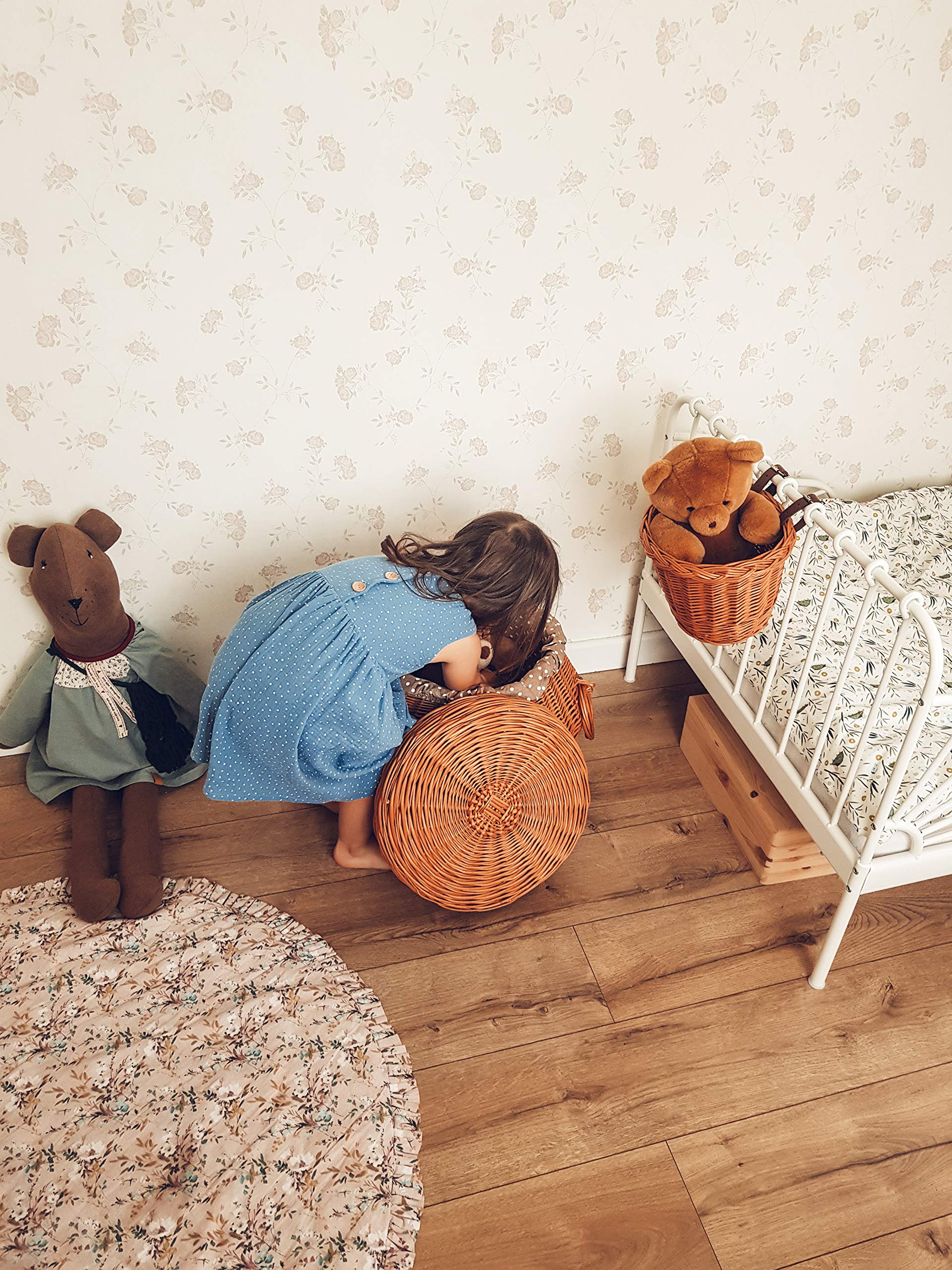 Okrągły kosz na pranie z wikliny, kosz na pranie z pokrywką, ciemnobrązowy kosz na pranie, wiklinowy kosz na pranie, pufa wiklinowa