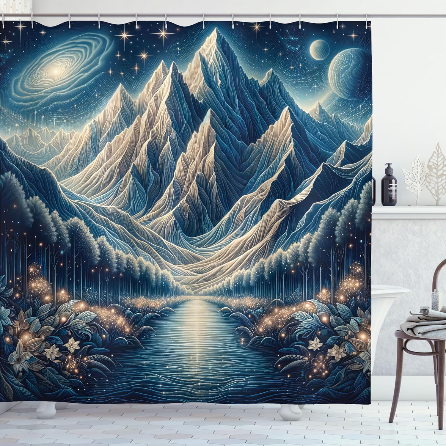 Ambesonne Abstract Mountains Shower Curtain, Dreamy Night at Woodland Astro Sky River Through Symmetry, Cloth Fabric Bathroom Decor Set with Hooks, 69" W x 84" L, Night Blue and Coconut