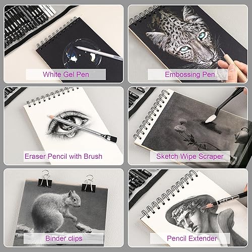Miniatura 6 de HIFORNY Juego de 60 lápices de dibujo, lápices de bocetos, suministros de arte con cuaderno de bocetos de 3 colores, grafito, carbón, lápices de