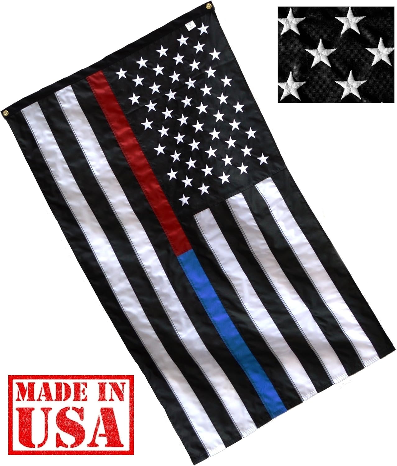 US Flag Factory - 3x5 FT Thin Blue Line and Thin Red Line Dual American Flag (Embroidered Stars, Sewn Stripes) for Police Officers, Firefighters, First Responders - Outdoor Nylon - Premium Quality