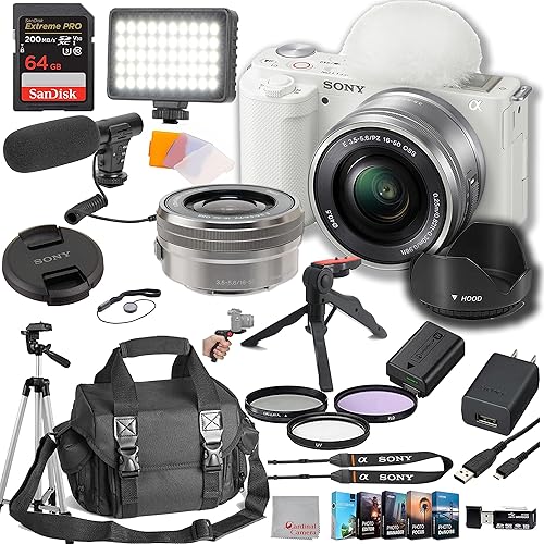 Sony ZV-E10 Cámara sin espejo con lente de 0.630-1.969 in 64 GB de memoria de velocidad extrema, micrófono de video, luz de video LED, estuche.