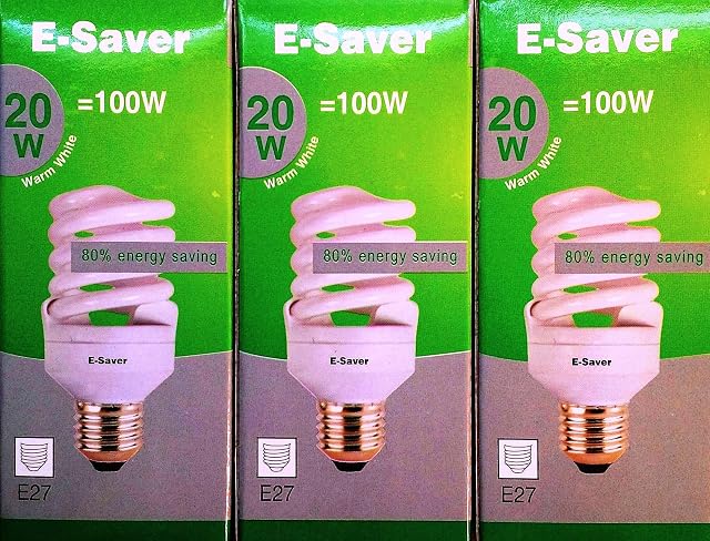 E-Saver - CFL Full Spiral - Energy Saving Light Bulbs -20w = 100 Watt - (Pack of 3) - Warm White 2700k - Screw in Cap - Screw Edison (ES - E27 Bulb)
