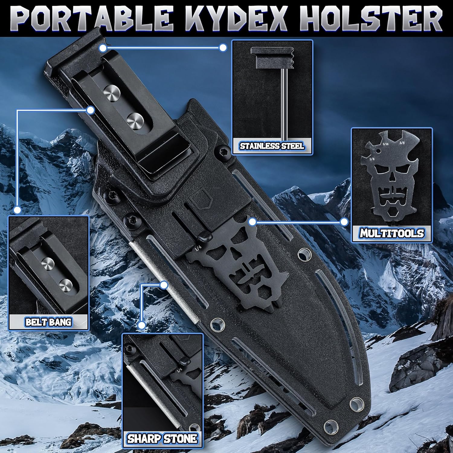 Purple Dragon Fixed Blade Knife with Kydex Sheath, D2 Steel Survival Knives, Black Camping Knife with Ergonomic G10 Handle, Outdoor Knives for Men and Women