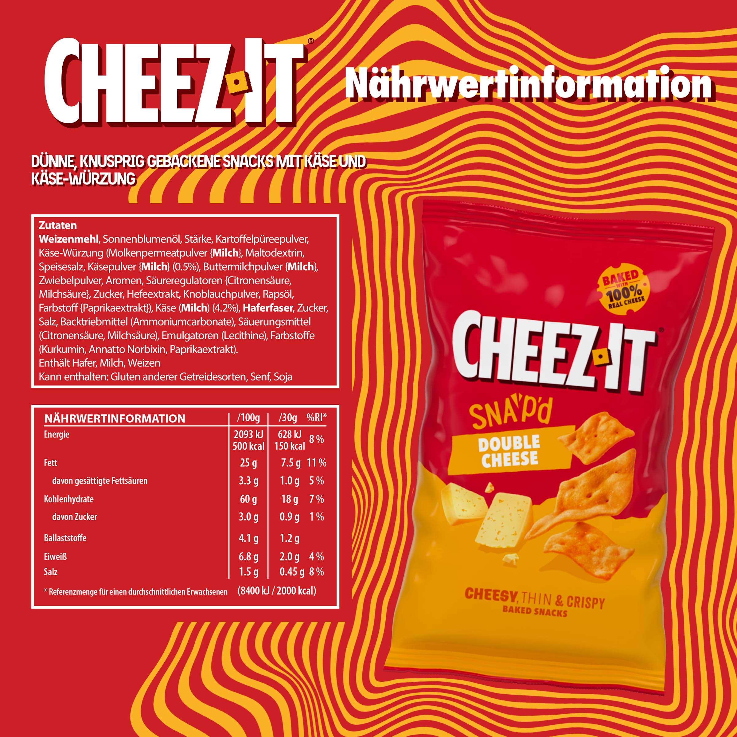 Cheez-It Snap'd Double Cheese Chips (14 x 120 g), Käse Chips mit dünner, knuspriger Textur, gebackener Snack mit 100% echtem Käse, ohne künstliche Farb- oder Aromastoffe