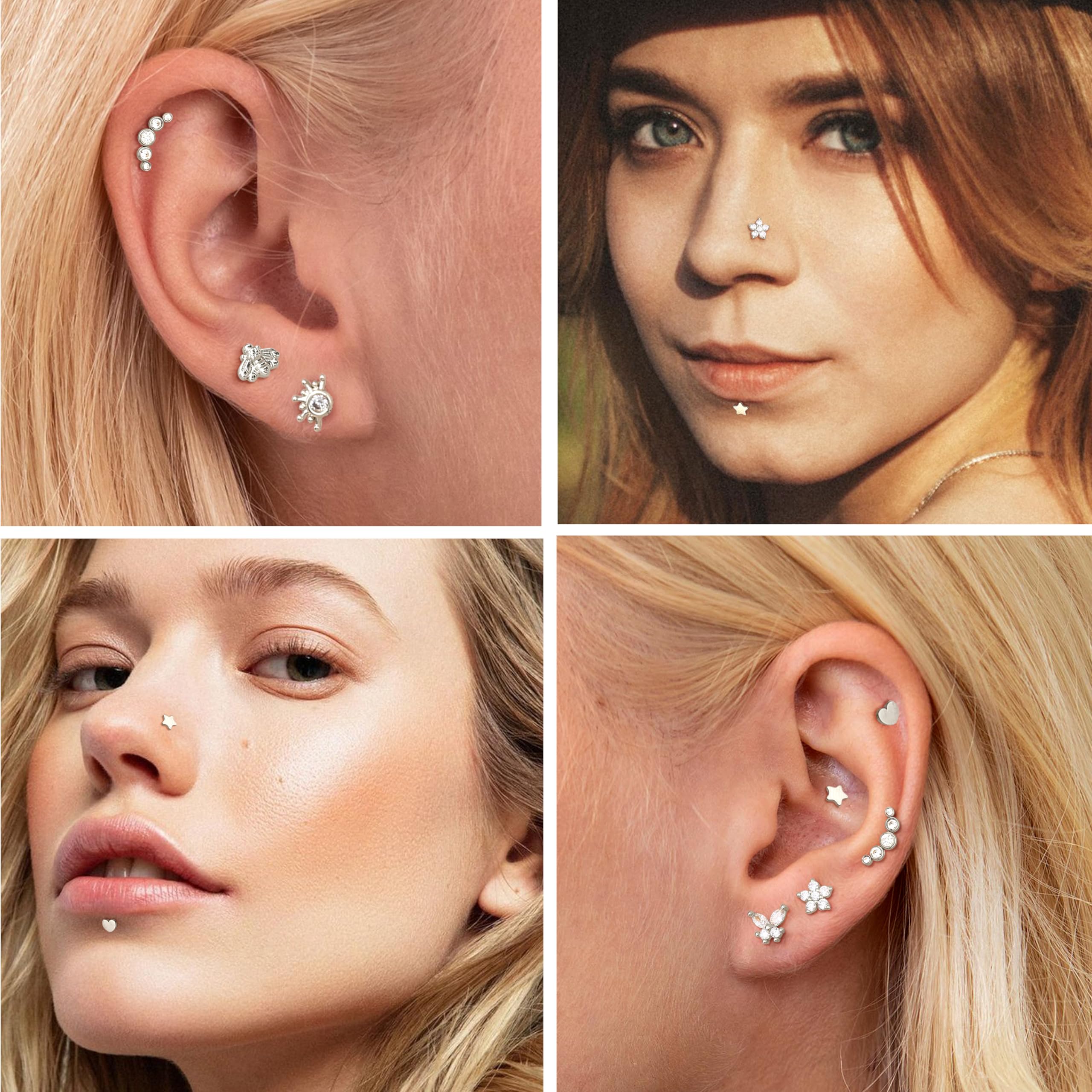 HHRFCS 12 sztuk Helix Piercing Biżuteria Stal chirurgiczna Push in Flat Back Helix Kolczyk Bezgwintowe szpilki do nosa Muszla Chrząstka Tragus Labret Piercing Biżuteria