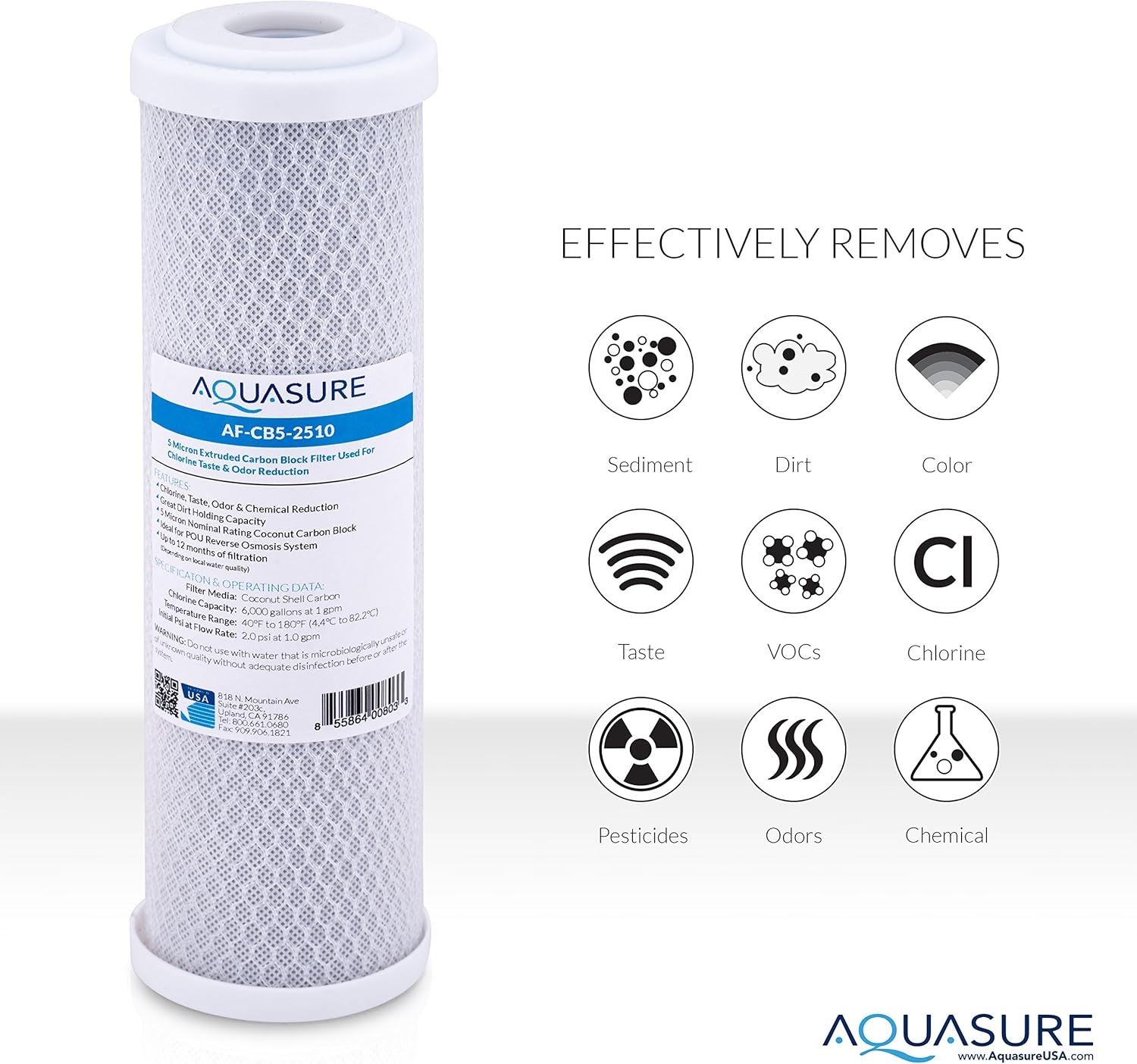 Aquasure Pioneer Series Carbon Block Water Filter - 10" x 2.5" 5 Micron Coconut Shell Carbon