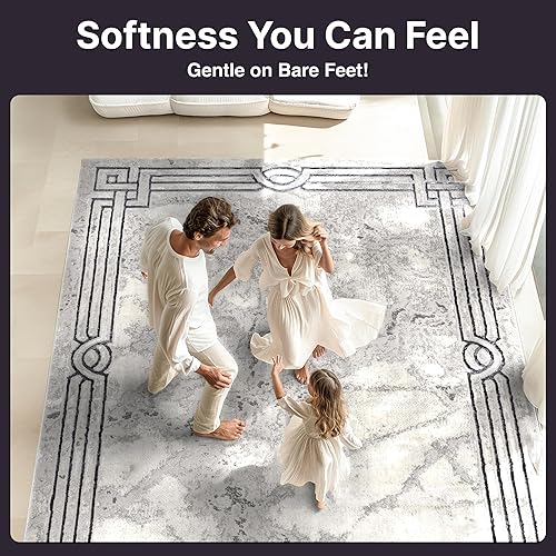 Miniatura 4 de Well Woven Fairmont Collection Huntington - Alfombra elegante y suave con borde de mármol gris, de 8 x 10 pies, perfecta para dormitorio y sala de