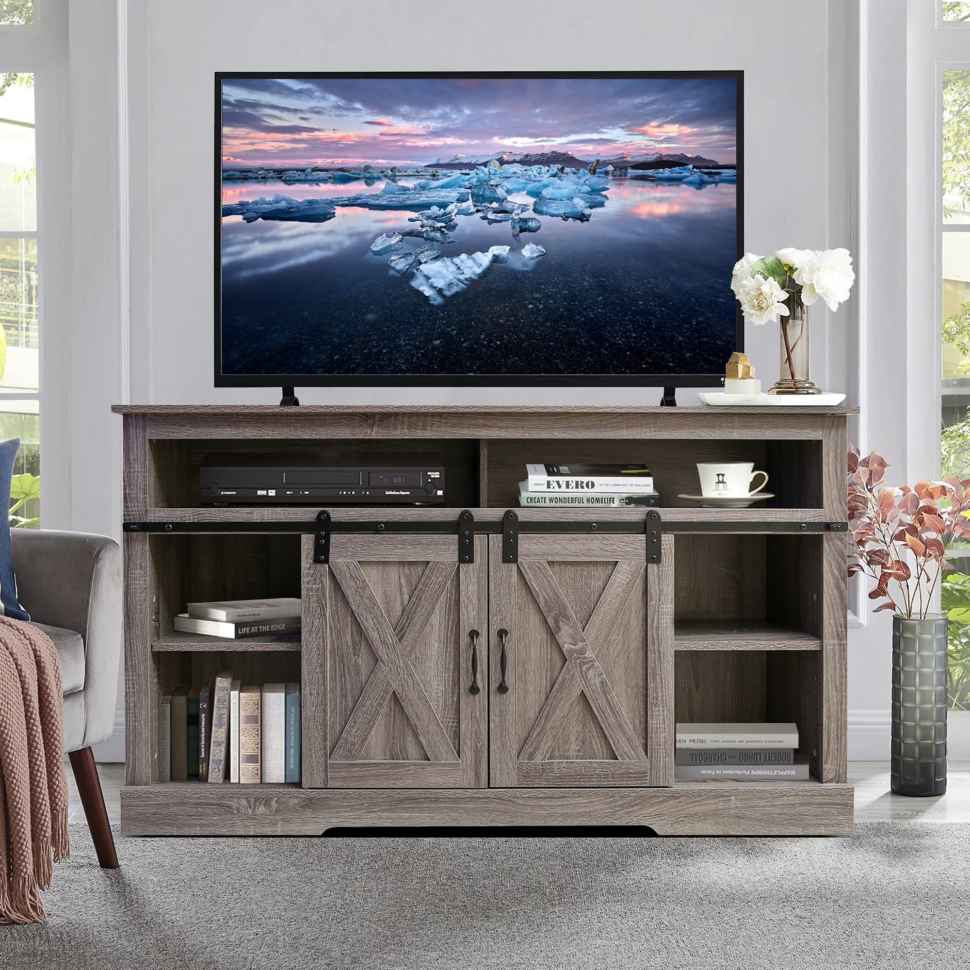 Buy Farmhouse TV Stand Sliding Barn Door, Modern Wood Entertainment
