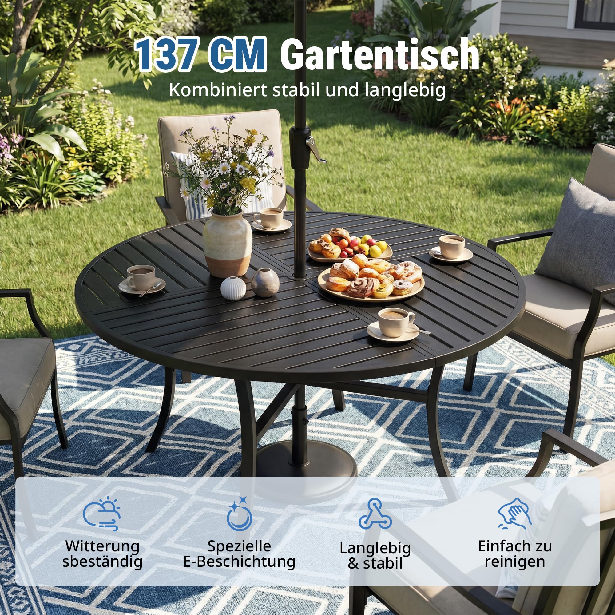 Hawthyhome Gartentisch Runder mit Zylindrischem Schirmloch,Durchmesser 137 cm,Gartentisch Wetterfest Outdoor, Esstisch für 4-6 Personen,Partytisch Balkontisch, Metallrahmen, Schwarz