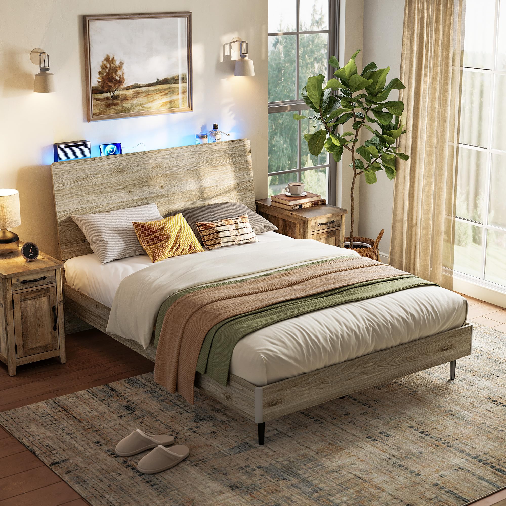 LINSY Full Size Bed Frame Wood with RGB Lights, Outlets, Charger, Farmhouse Wood Bed Frame Full with Ergonomic Headboard, Storage Shelf, Noise-Free, No Box Spring Needed - Beige
