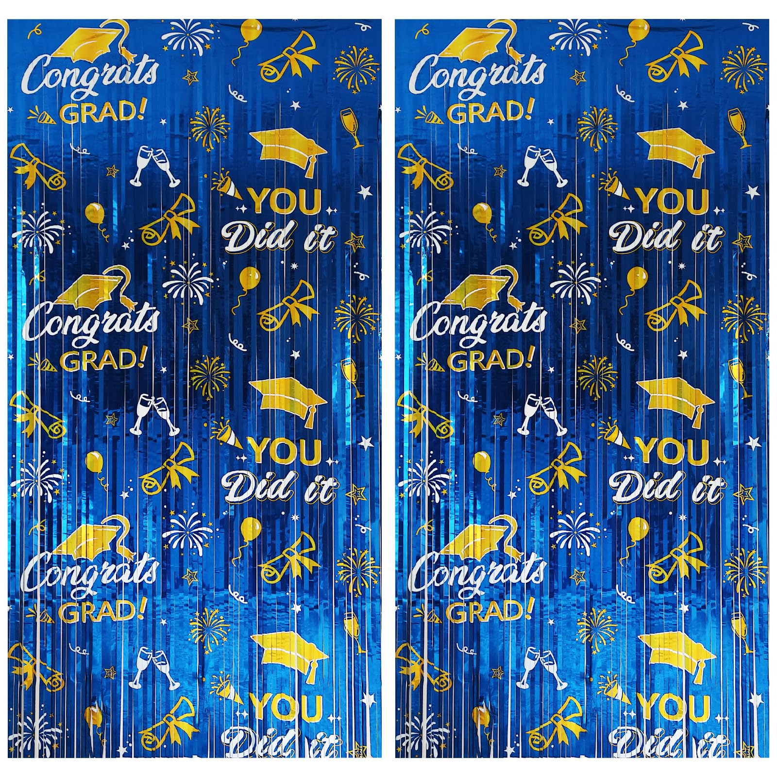 Blue Gold Metallic Tinsel Graduation Foil Fringe Curtain, 2 Pack 3.3 x 6.6 Ft Congrats Grad Graduation Backdrop Party Streams for Graduations Party