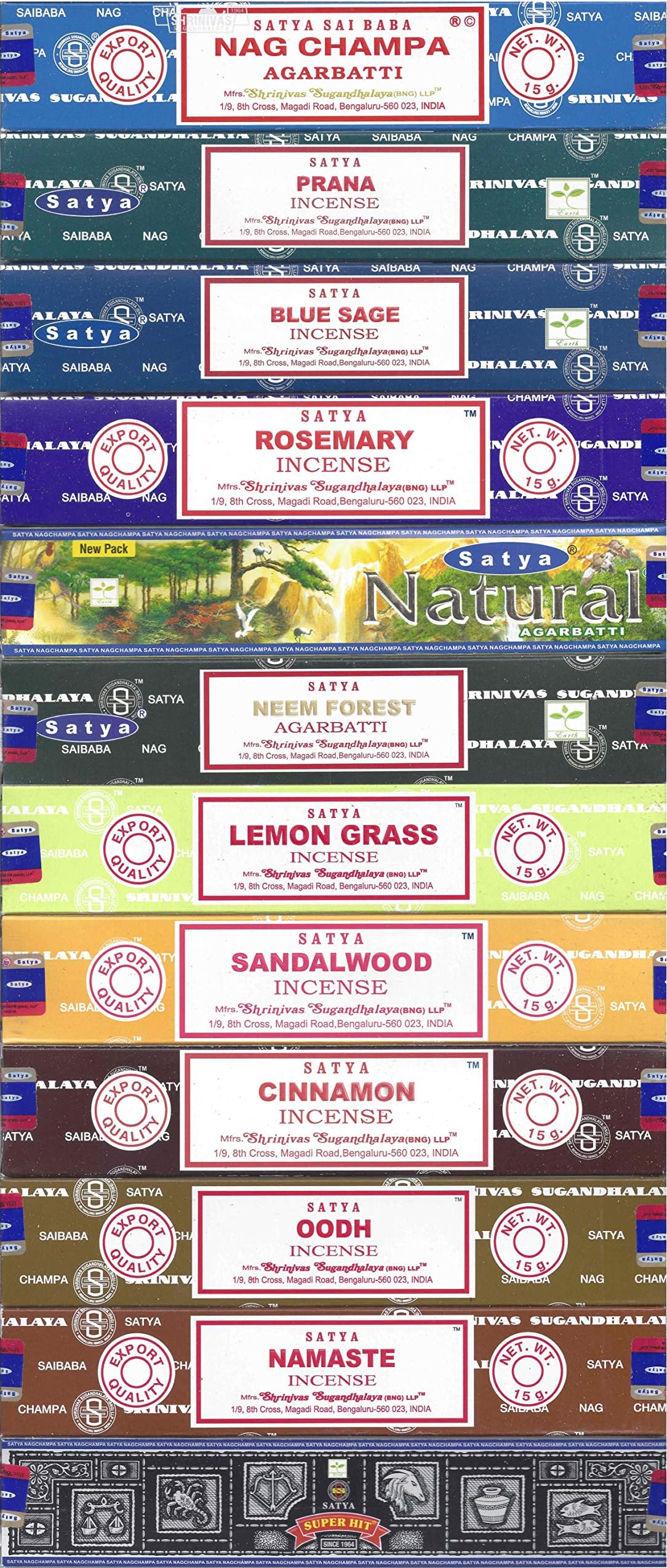 Satya Bangalore (BNG) Incense Set of 12 Nag Champa Namaste Super Hit Neem Forest Prana Oodh Sage Cinnamon Lemongrass Rosemary Natural Sandalwood, VarietyPack05