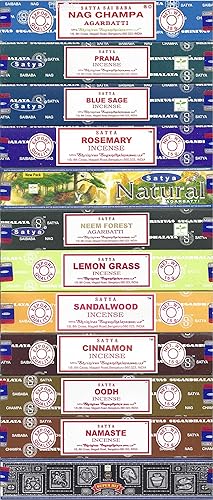Satya Bangalore (BNG) - Juego de 12 varillas de incienso: nag champa, namaste, súper hit, bosque de neem, prana, oud, salvia, canela, hierba limón,