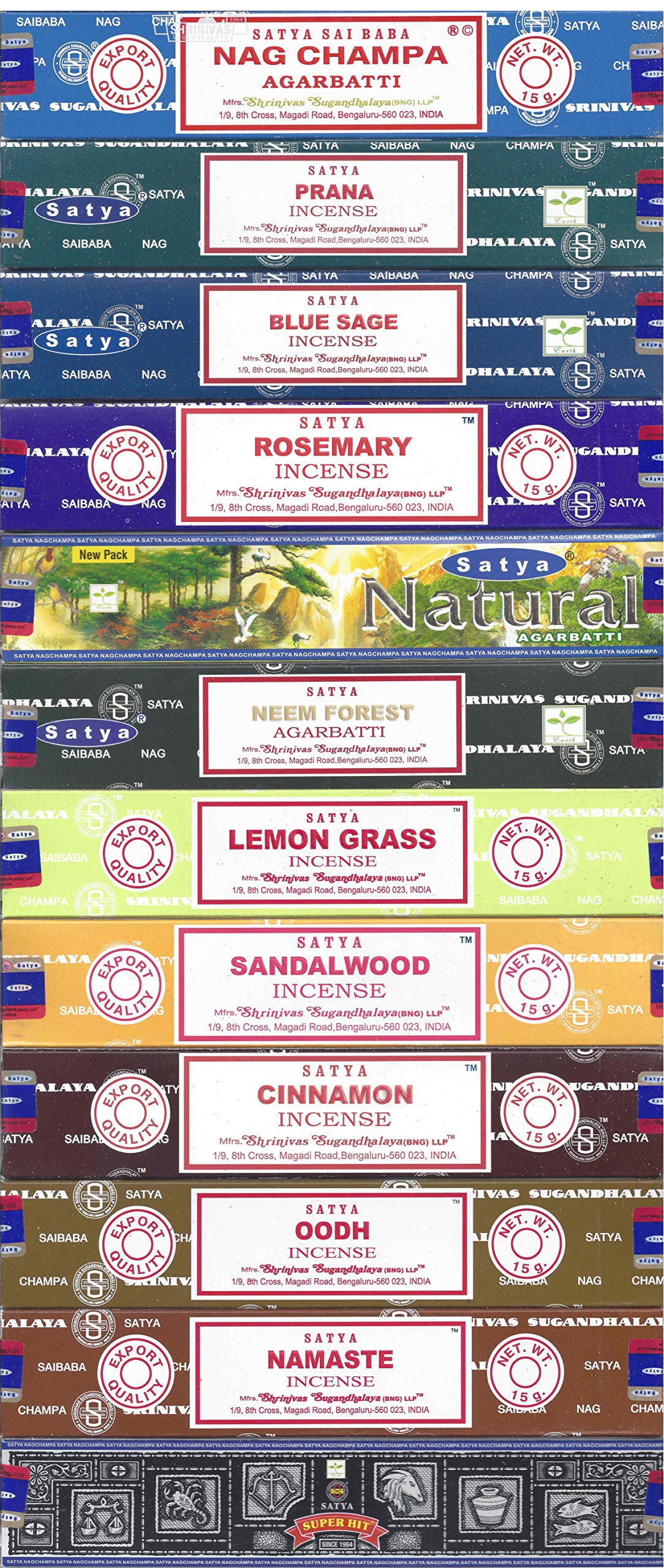 Satya Bangalore (BNG) Incense Set of 12 Nag Champa Namaste Super Hit Neem Forest Prana Oodh Sage Cinnamon Lemongrass Rosemary Natural Sandalwood, VarietyPack05