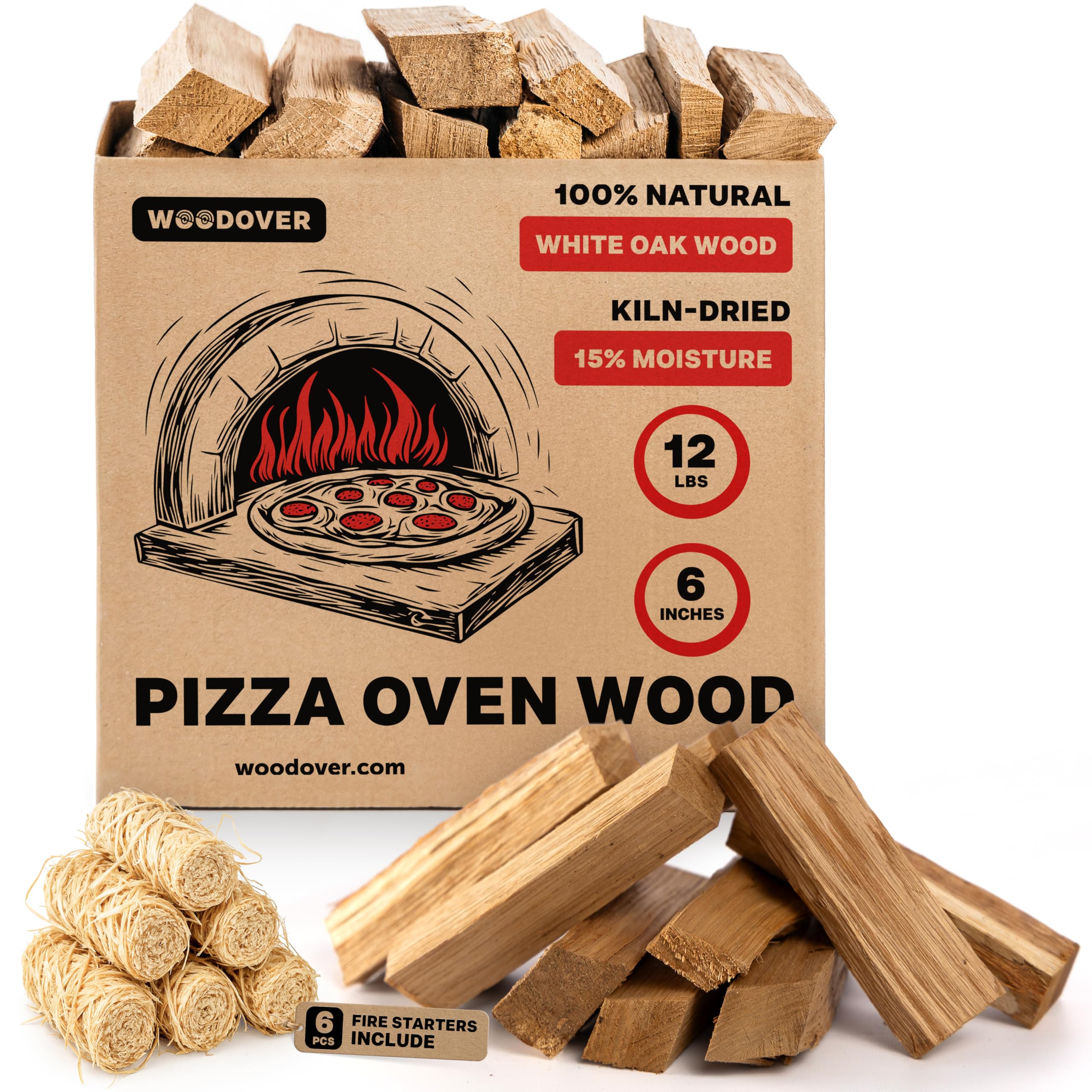 Pizza Oven Wood with Fire Starters, 12 lbs Kiln-Dried White Oak Logs (6 Inch) for Ooni, Solo Stove, Gozney – Low Smoke, Clean Split Firewood for Outdoor Cooking & Wood-Fired Pizza, Approx 800 cub.in.