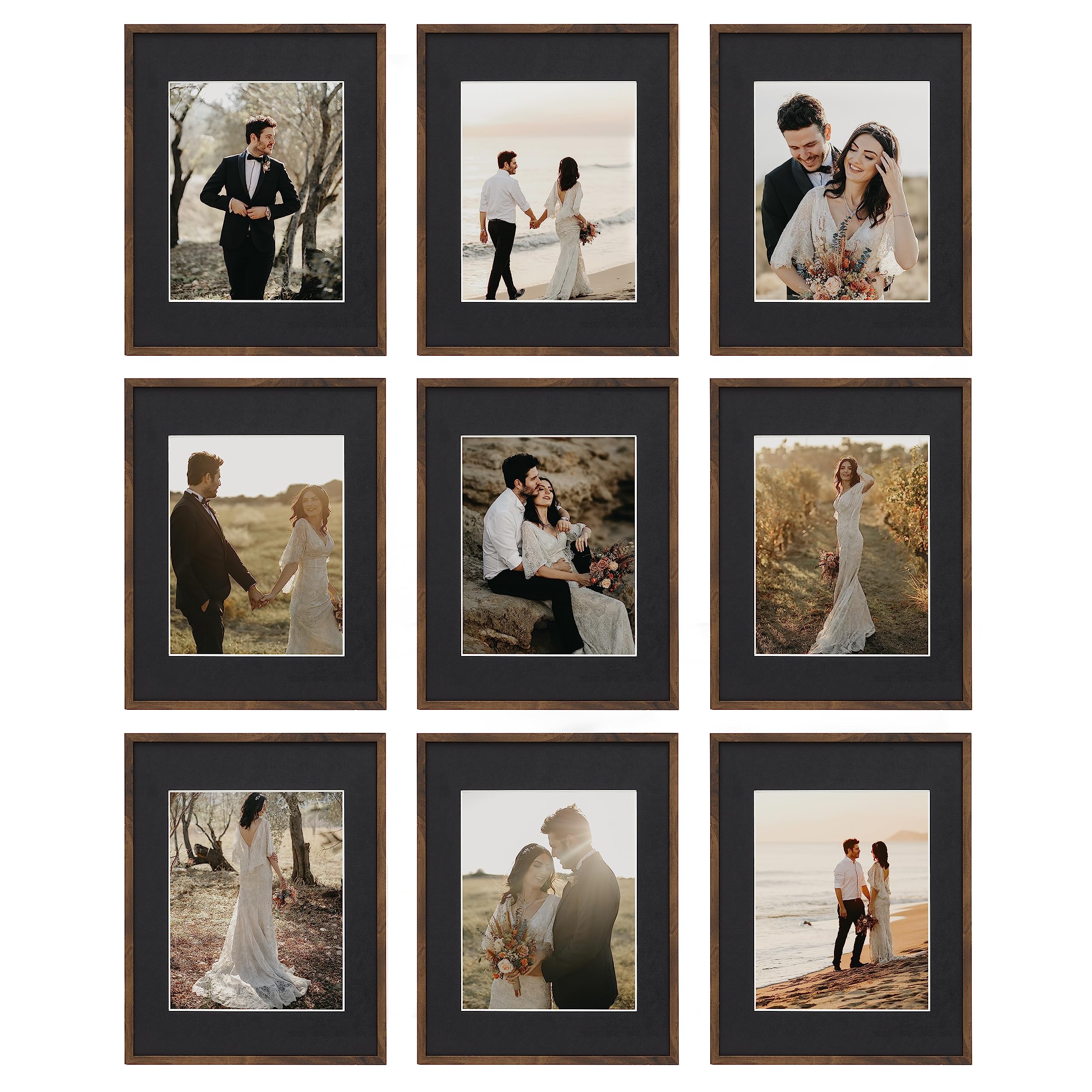 camden reed 9 piece gallery wall frame set, fashion black mat features an 8x10 inch photograph or art print, walnut woodgrain finish