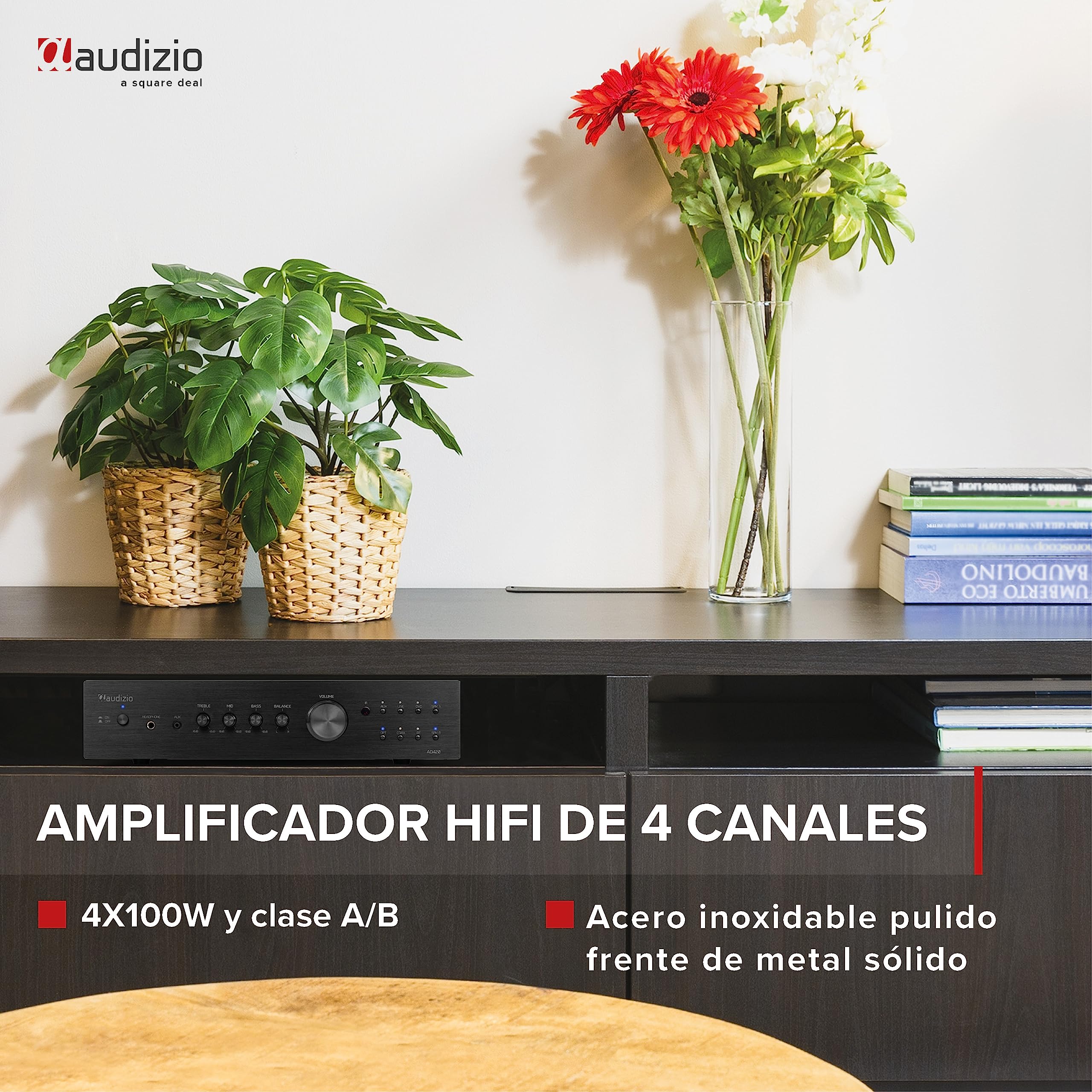 Audizio AD420B Amplificador Hi-FI de 400w (4 Canales x 100w) y Bluetooth, 1 Salida subwoofer, Salida óptica y coaxial, 2 Salidas de Altavoz, MP3, EQ, Ideal para Escuchar tu música, Color Negro
