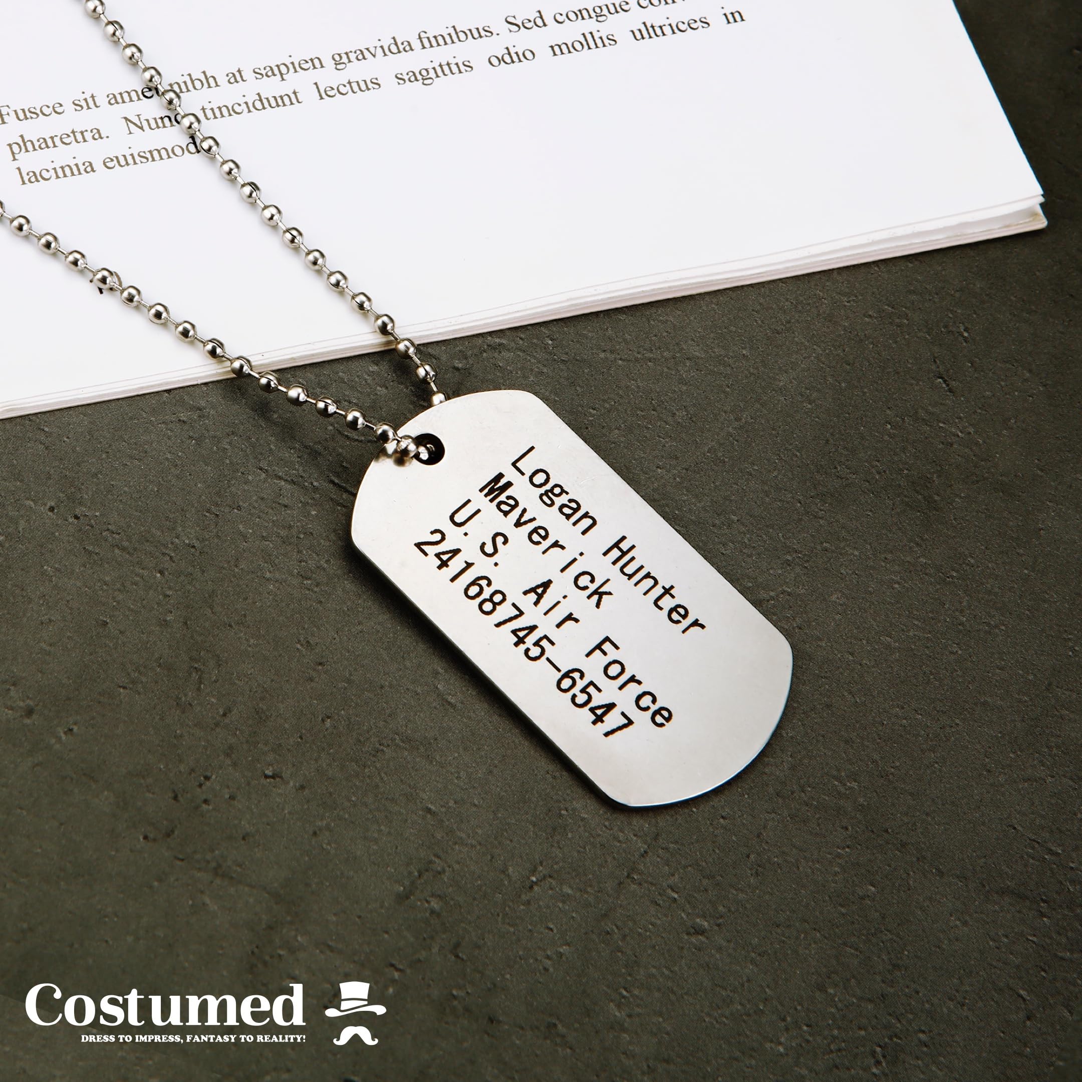 Costumed US Army Dog Tag - Nieśmiertelnik armii amerykańskiej srebrny, identyfikator dla psa - łańcuszek żołnierza jako dodatek na bal karnawałowy i faszyng