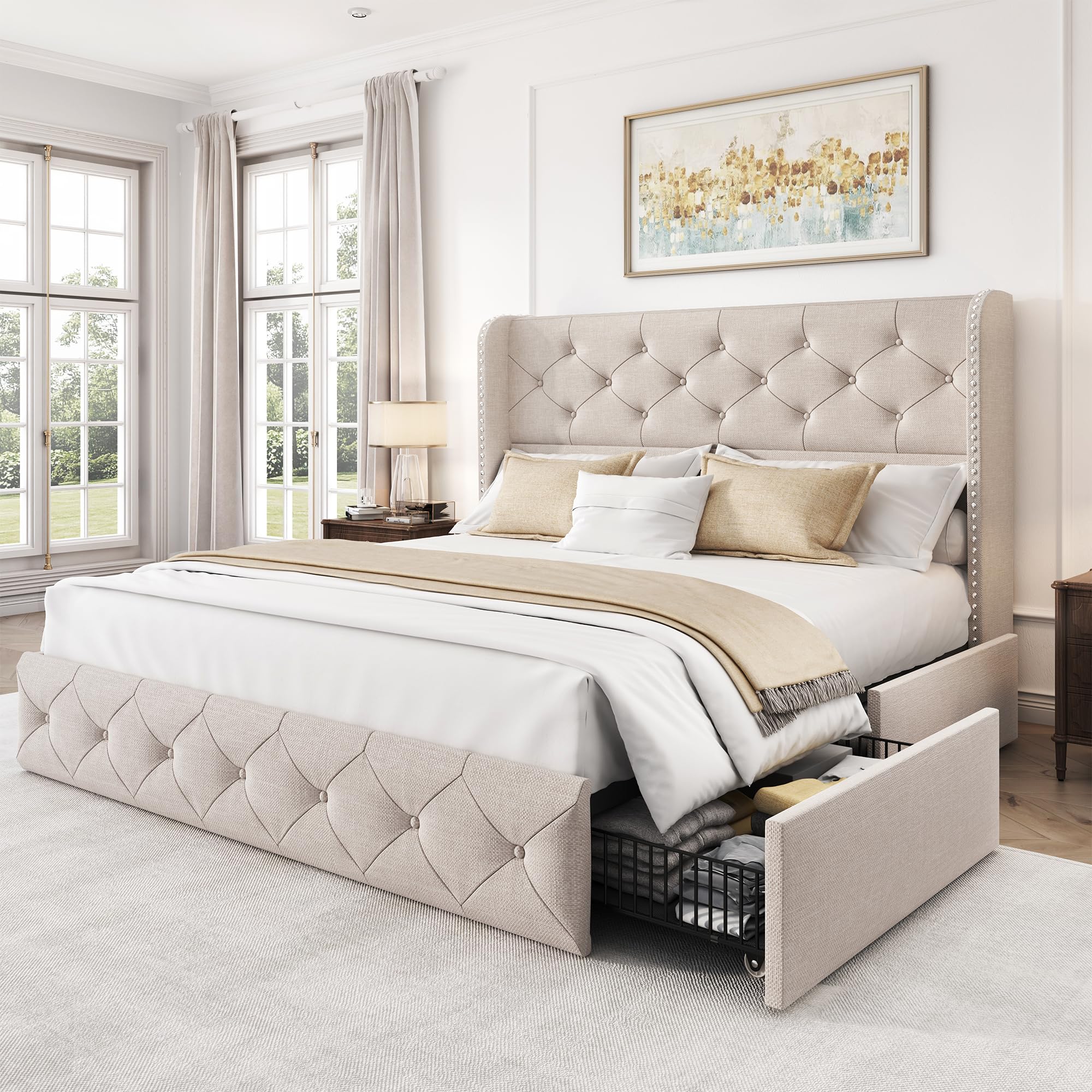 LARMACE Full Size Bed Frame with 4 Storage Drawers