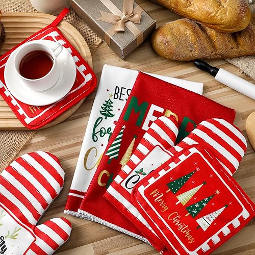 Miniatura 6 de Bencailor Juego de 6 toallas de cocina de Navidad, 2 paños de cocina, 2 soportes para ollas, 2 guantes de horno, regalos para amantes de la cocina,