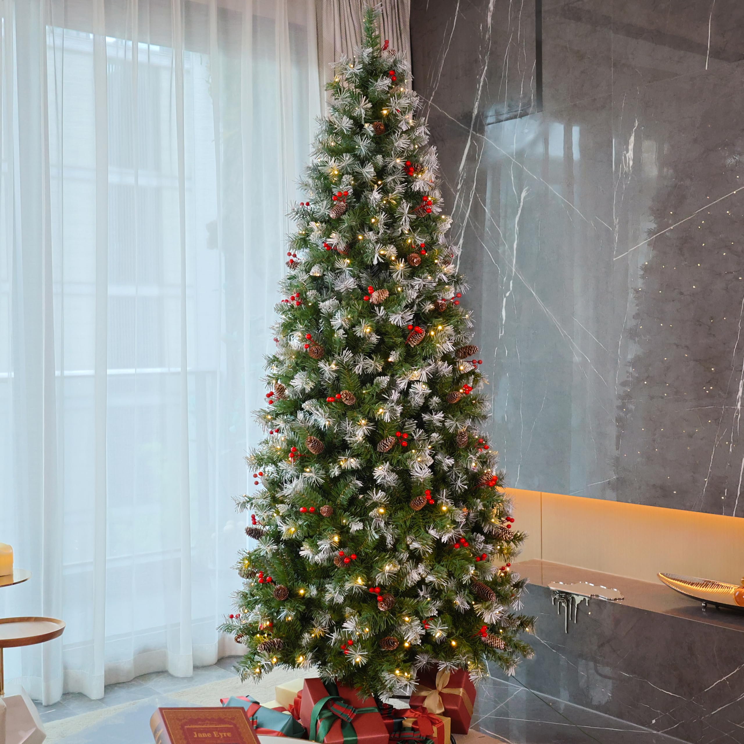 Asinse 6ft/1.8m Pre Lit Slim Christmas Tree with 300 LED Lights, 640 Tips, Snow Flocked Hinged Tree with 51 Mixed Pine Needles and 51 Red Berries, for Xmas Indoor and Outdoor Decoration