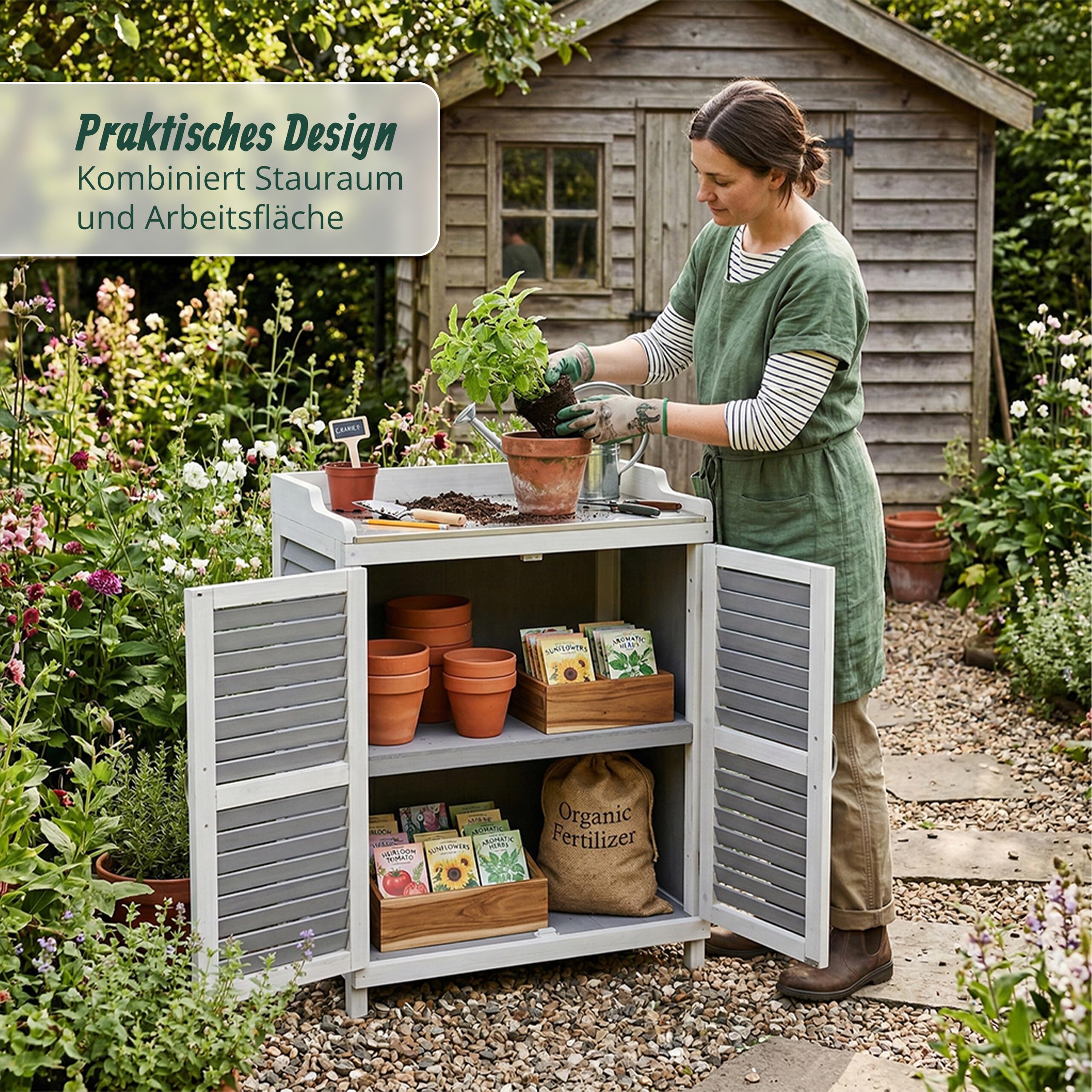 Relaxdays Pflanztisch mit Unterschrank, Holz, Eisen Arbeitsplatte, HxBxT: 100 x 67 x 47 cm, Gartenschrank, grau/weiß