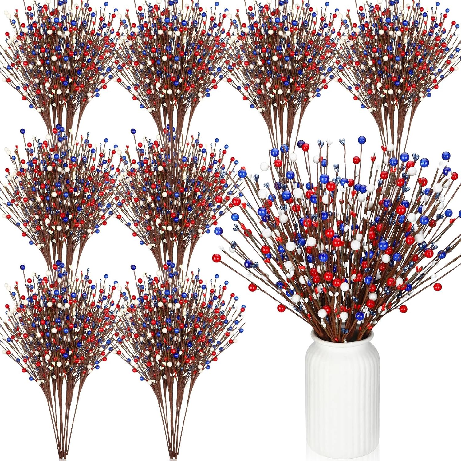 Cindeer 10 Pcs Memorial Day Decorations Berry Stem Picks Patriotic 4th of July Artificial White Blue Red Picks Independence Day Berry Stem Spray Fruit Floral Bunch for Home Festival Office Decorations