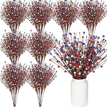 Cindeer 10 Pcs 4th of July Floral Picks Red White and Blue Centerpieces Decor Patriotic Artificial Berry Stem Craft Picks Independence Day Berry Stem Spray Fruit Floral Bunch for Home Table Office