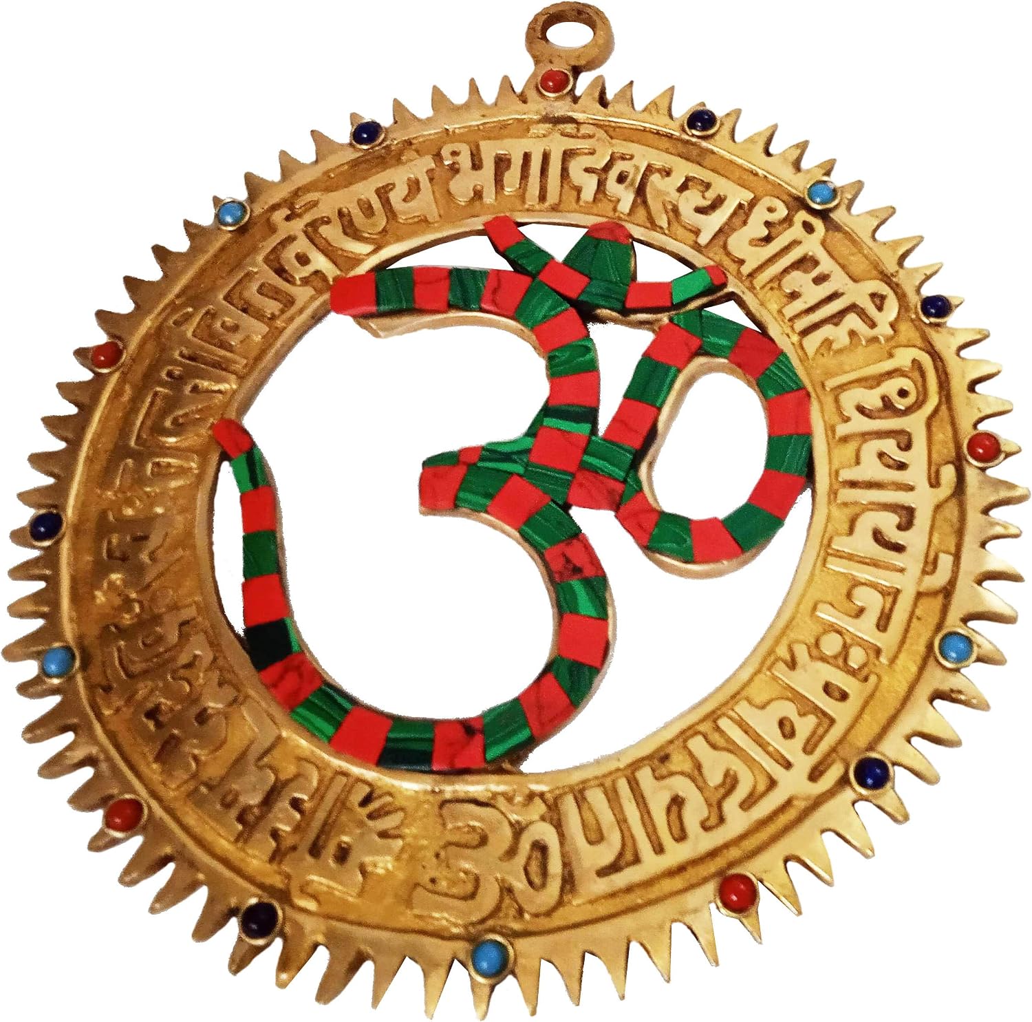 Purpledip Brass Wall Hanging Om Gayatri Mantra: Solid Metal Idol With Spectacular Gemstones (11092), Gold, Standard - Image 5