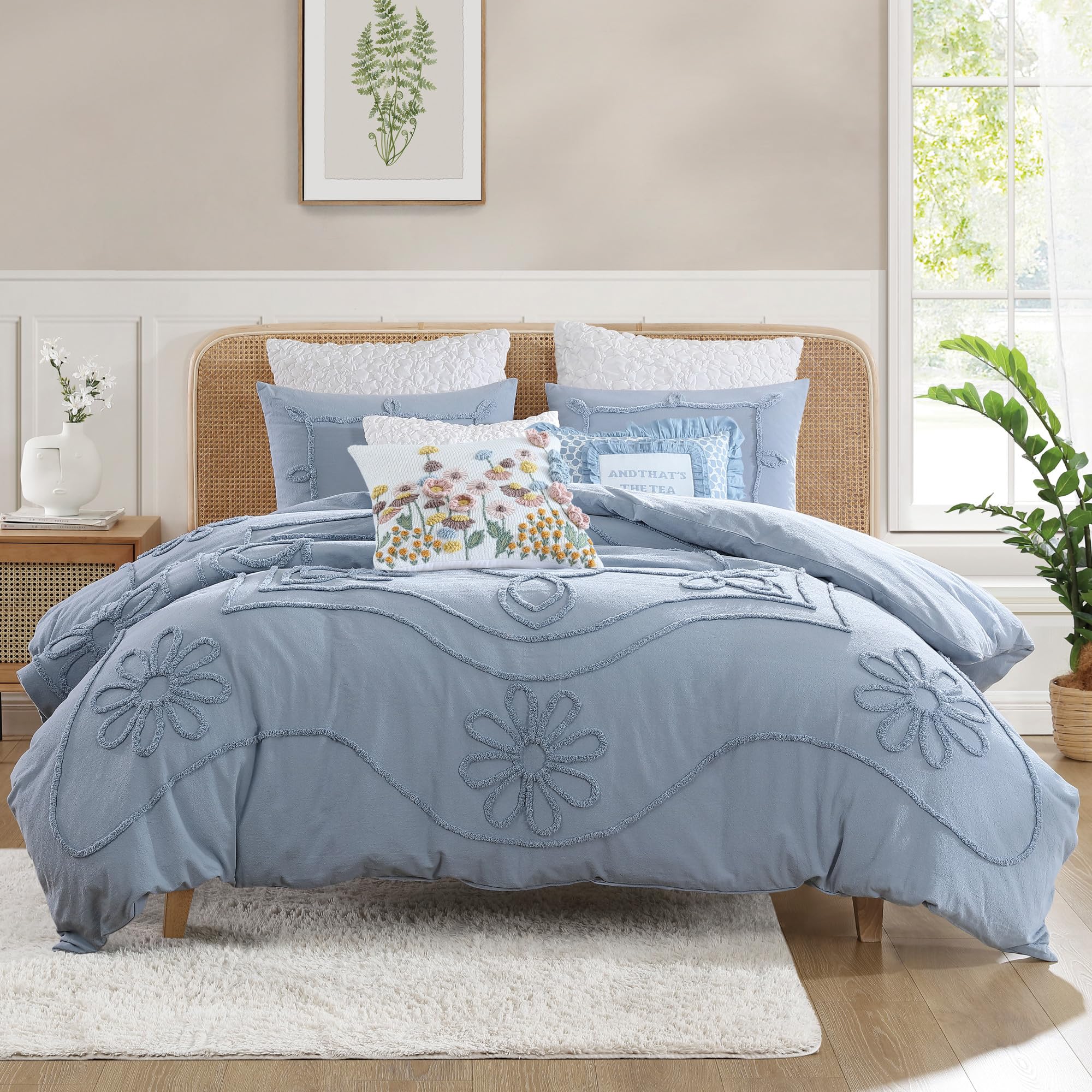 FADFAY Juego De Edredón Azul Queen De 3 Piezas, Edredón Floral Vintage De Verano, 100% Tela De Algodón Con Relleno Interior De Microfibra Suave, Ligero, Reversible, Para Todas Las Estaciones, Relleno