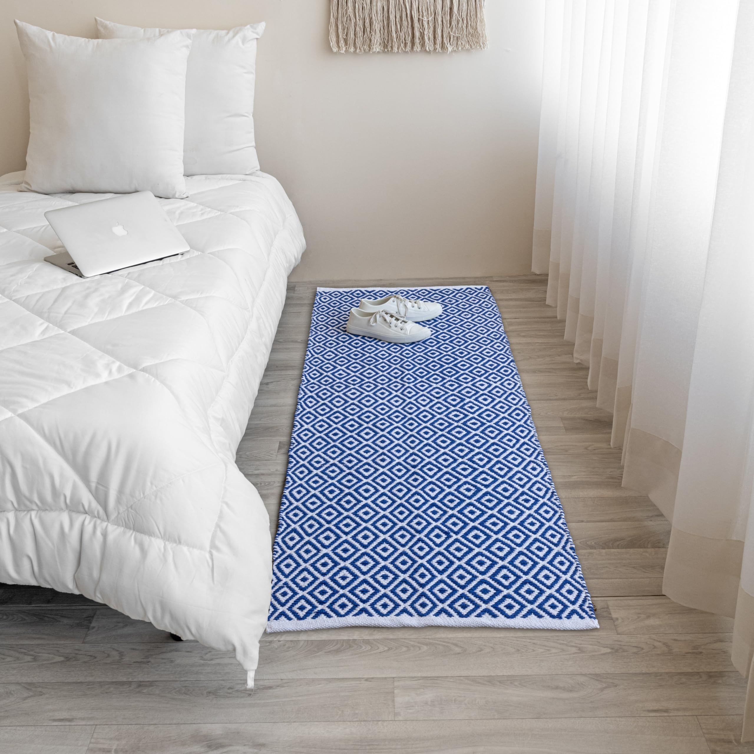 HOMEMONDE Pit Loom Area Rug Runner, Cotton Diamond Design Bedside