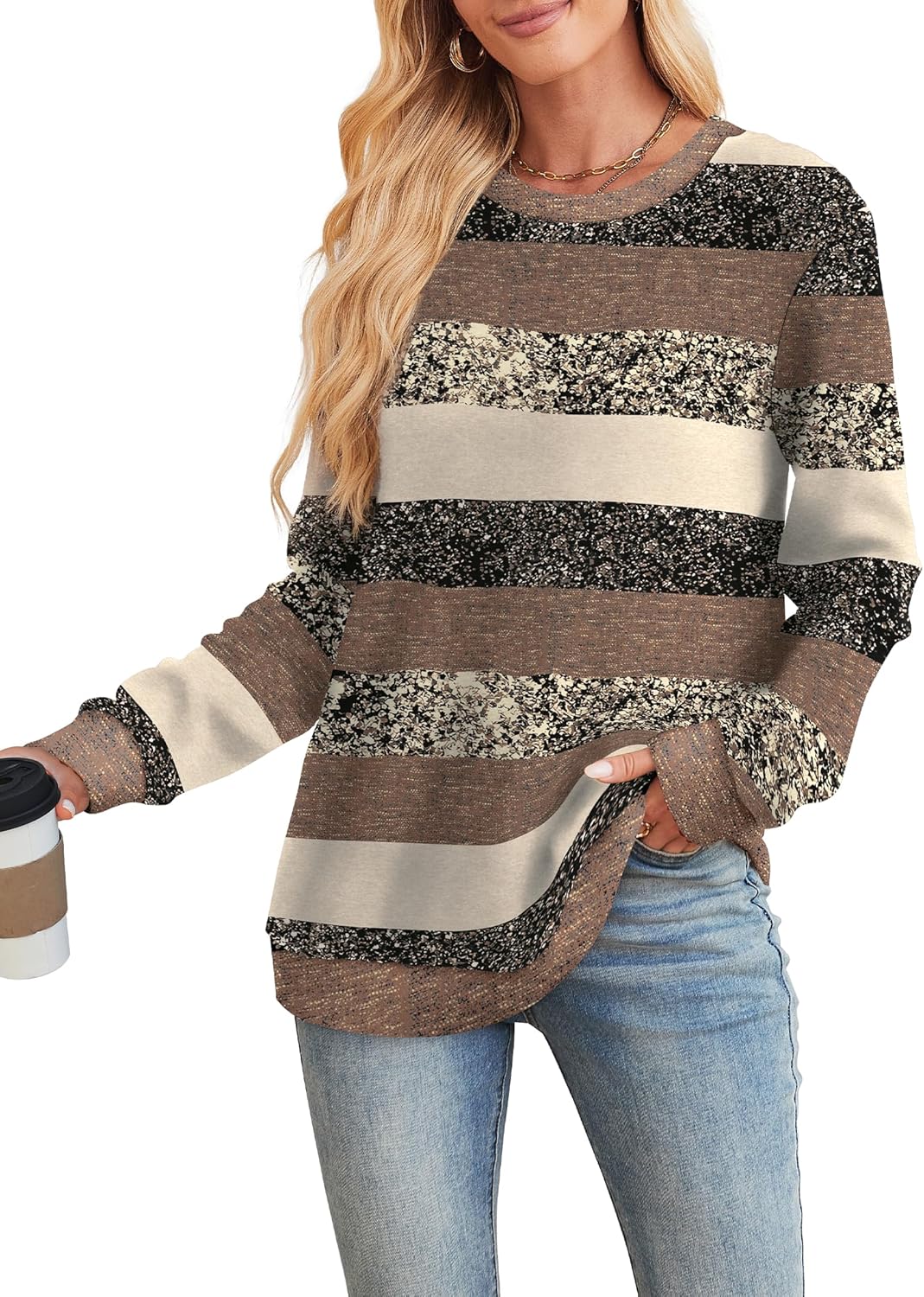 Sampeel Womens Tops Long Sleeve Shirts Lightweight Sweaters Loose Fit Crewneck Color Block Fall Fashion Outfits - Image 2