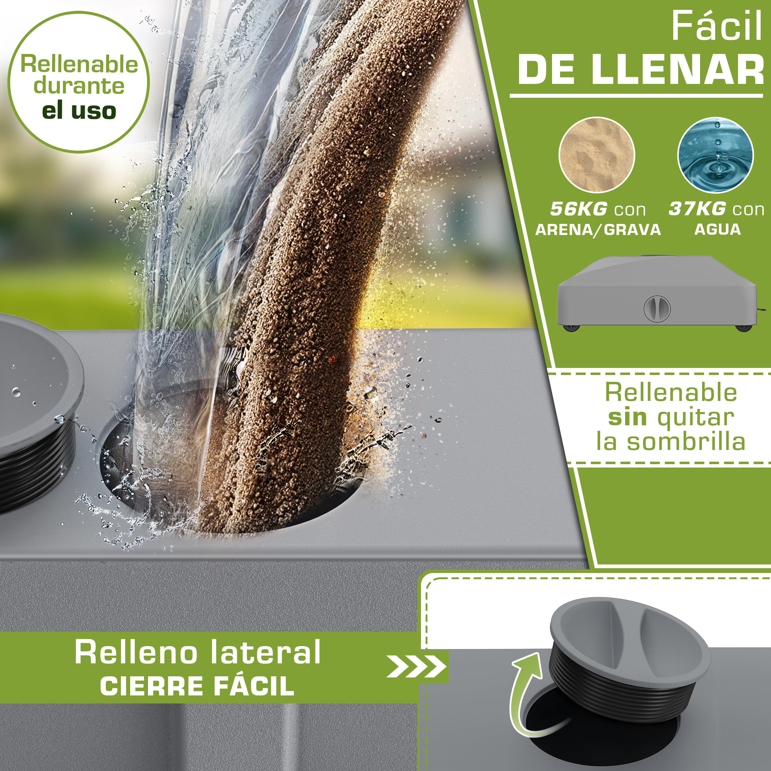 tillvex® Base de sombrilla GRAVIA con Ruedas y Frenos | Soporte de lastre rellenable 37L / 56kg | Pie para Parasol y sombrilla de Mercado Ø 1,8-3,7m | Resistente a la Intemperie y UV (Gris) — view 3