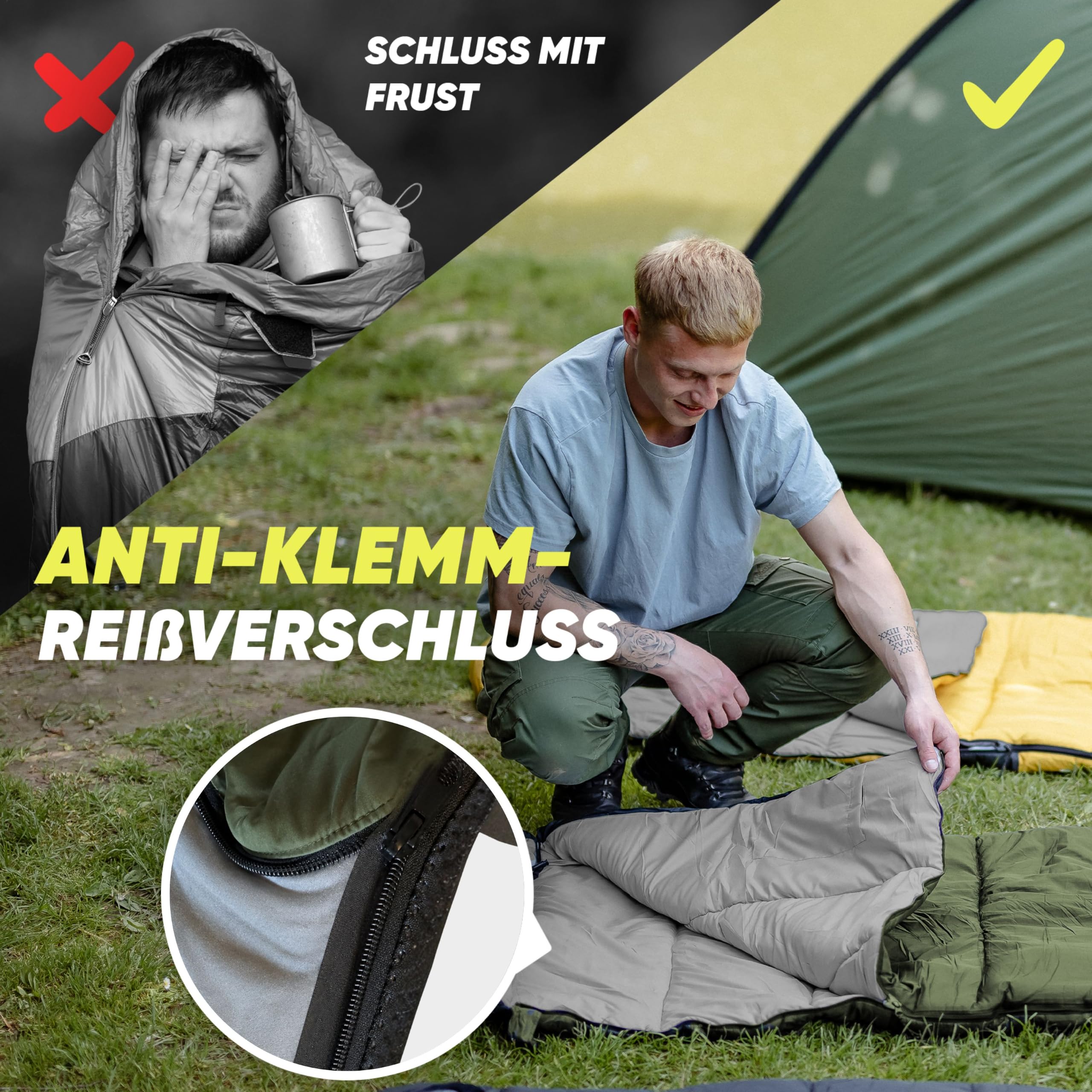 SkinWalker Schlafsack Erwachsene mit Anti-Rutsch Streifen, kleines Packmaß & Ultraleicht 1500g, 3 Jahreszeiten Deckenschlafsack, Schlafsäcke für Camping, Outdoor & Festivals