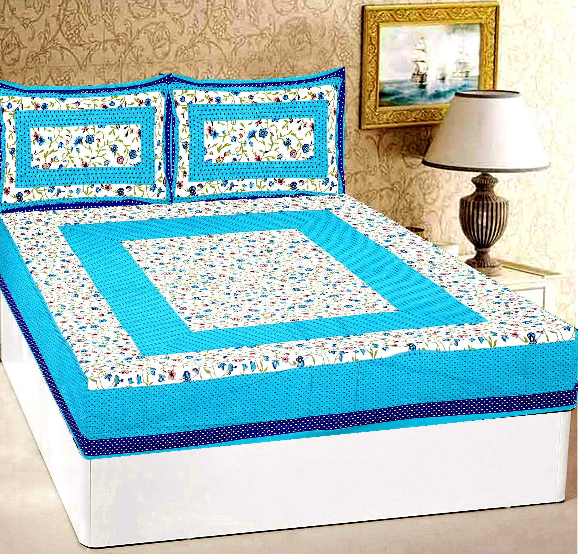 RajasthaniKart® Pure 100% Cotton Double Bed Sheet with 2 Pillow Covers (Bedsheet for Double Bed Cotton, Green Bindiya Jaipuri, King Size,5216)